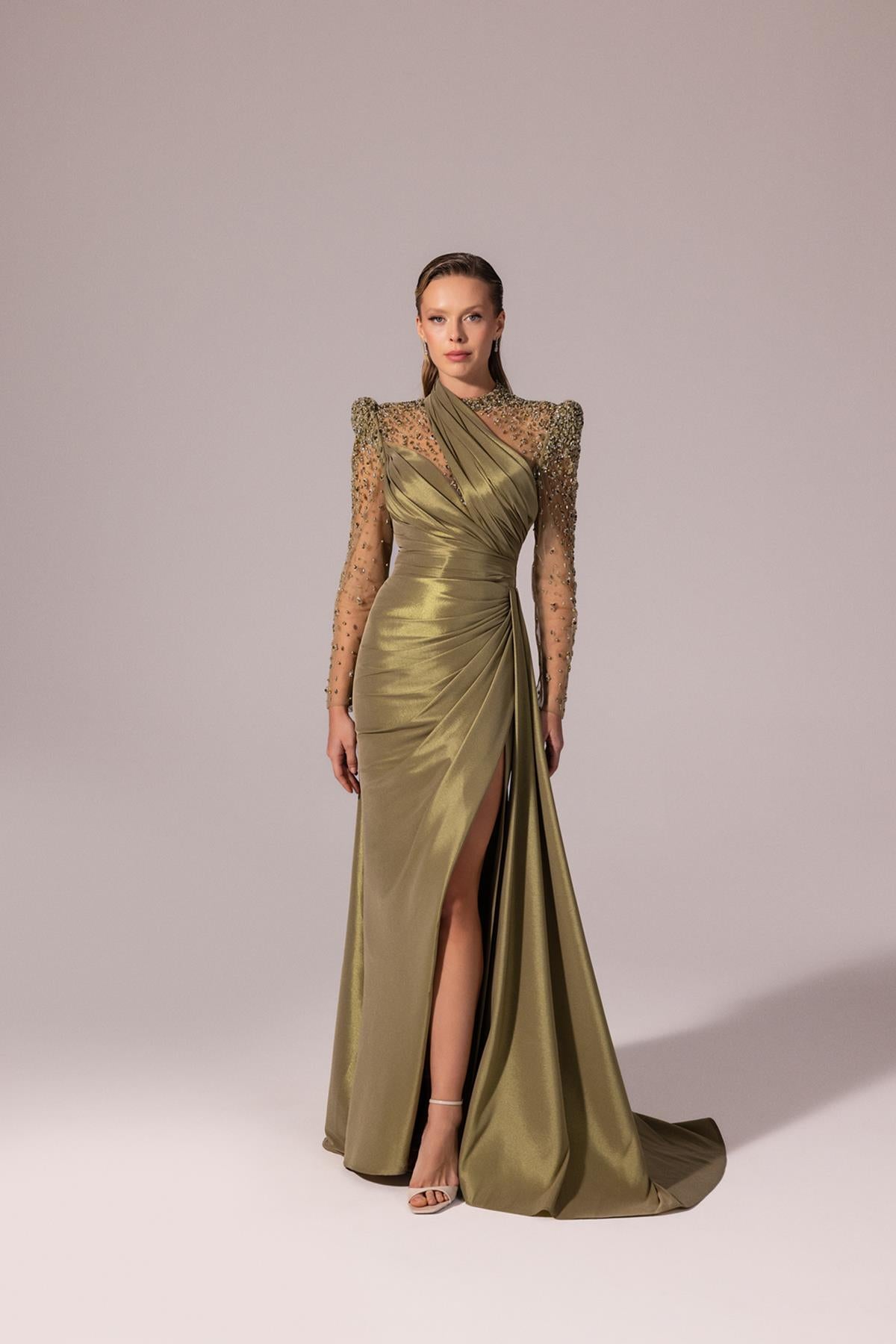Embroidered Transparent Long Sleeve Taffeta Evening Dress