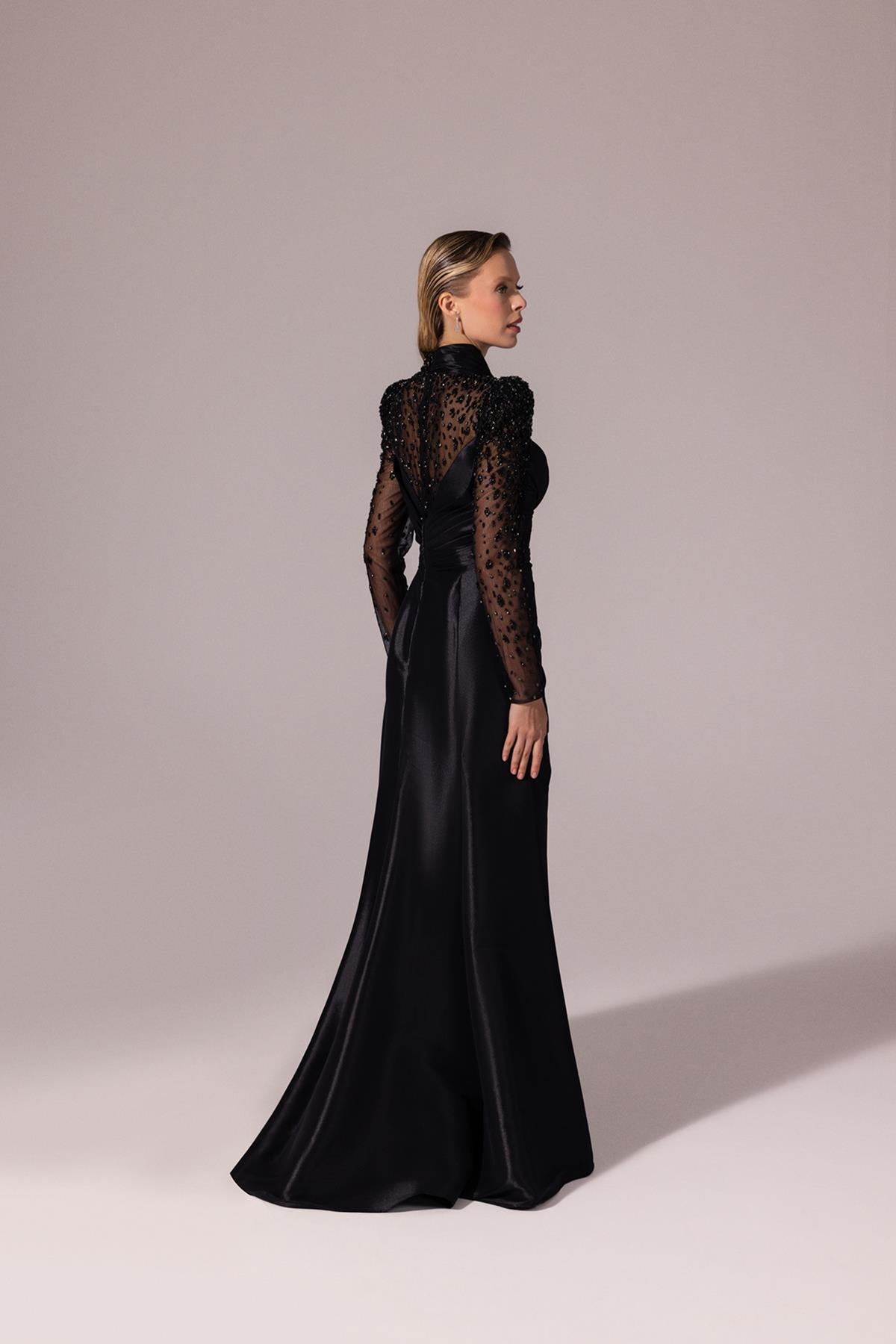 Embroidered Transparent Long Sleeve Taffeta Evening Dress