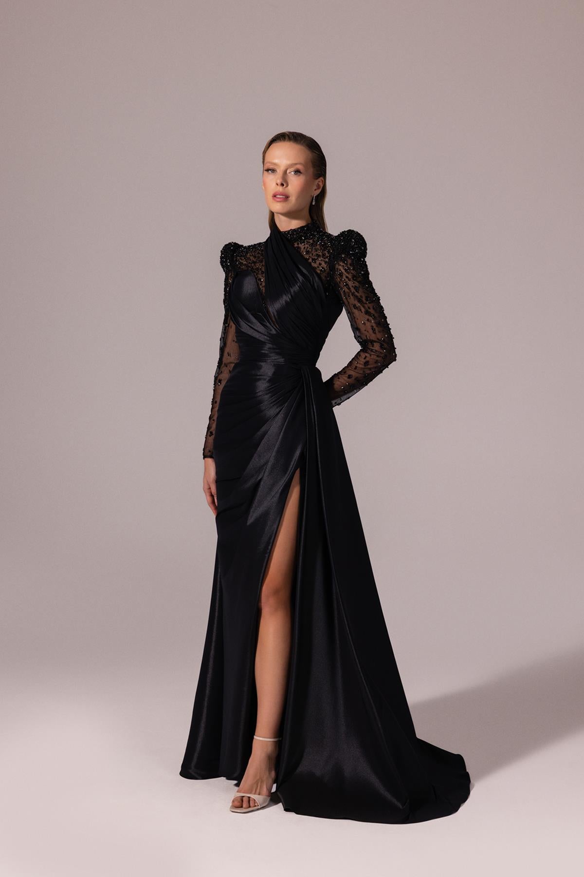 Embroidered Transparent Long Sleeve Taffeta Evening Dress
