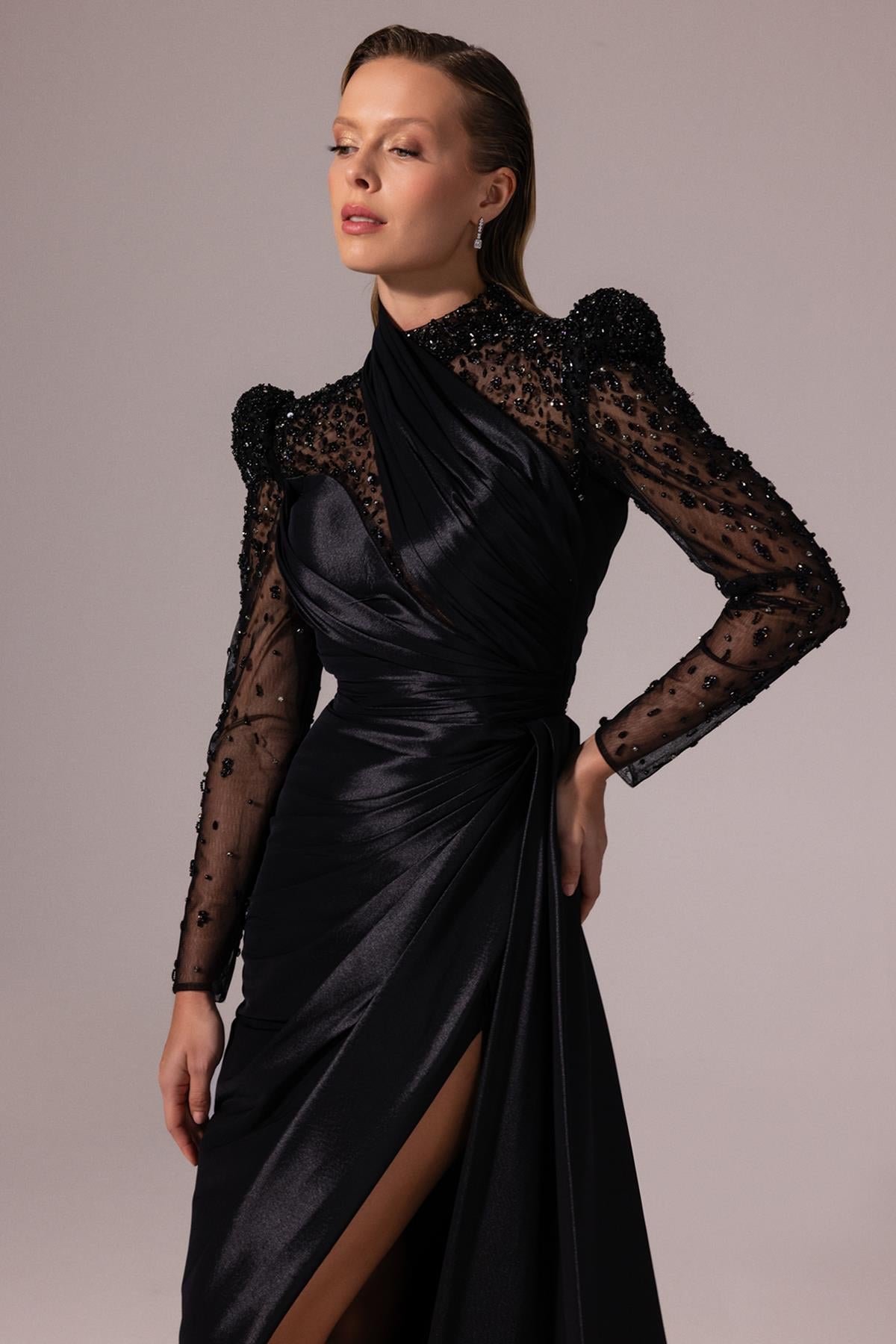 Embroidered Transparent Long Sleeve Taffeta Evening Dress