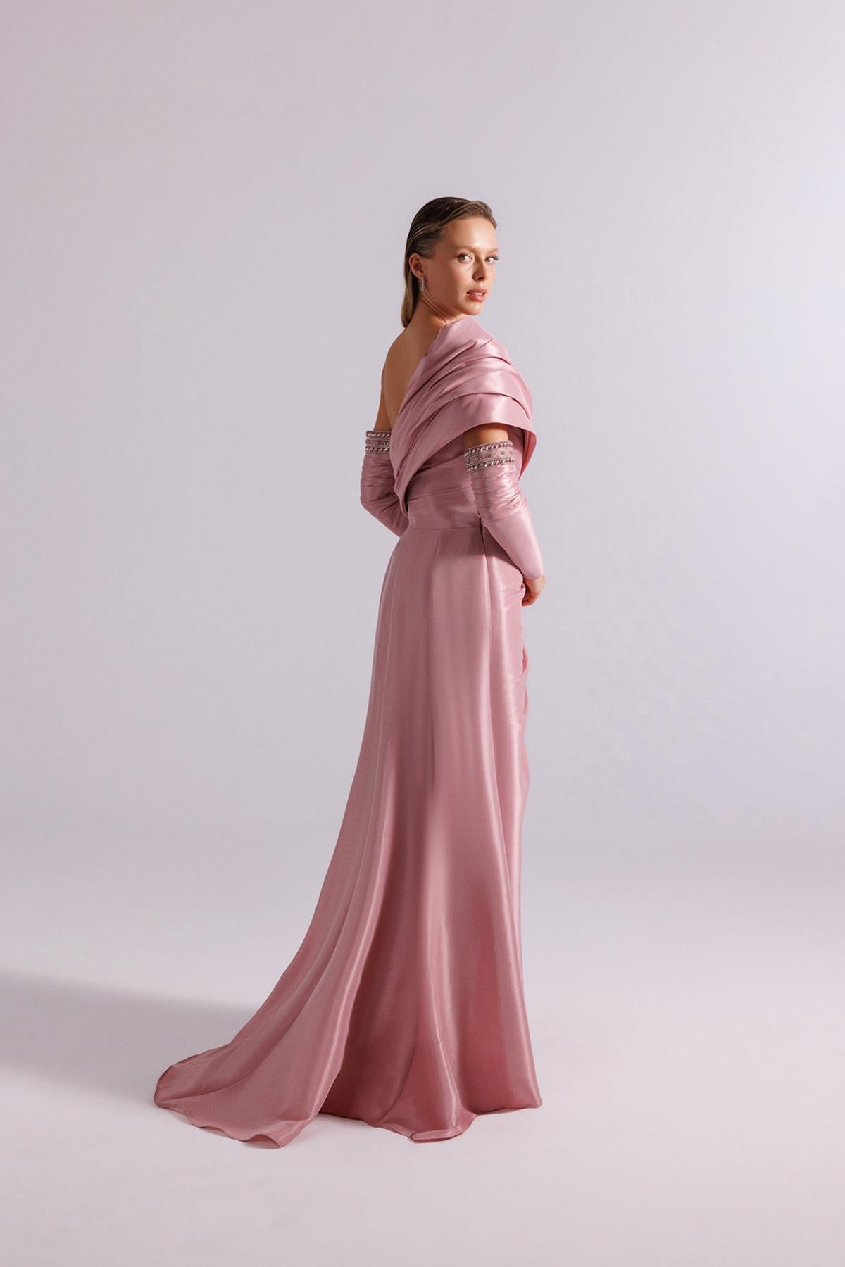 One Shoulder Draped Stone Embroidered Evening Dress with Gloves