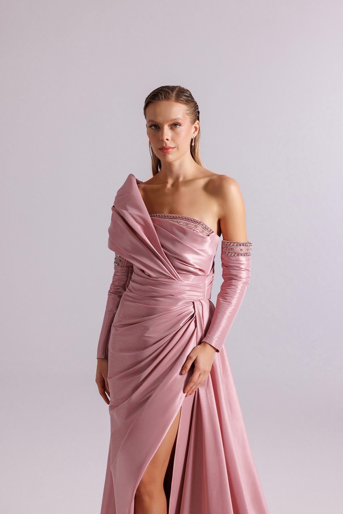One Shoulder Draped Stone Embroidered Evening Dress with Gloves