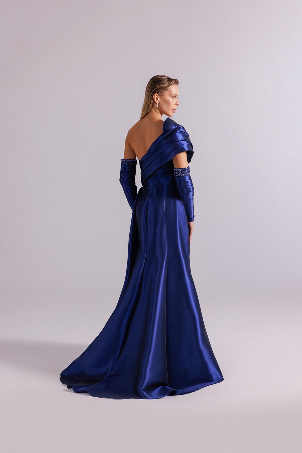 One Shoulder Draped Stone Embroidered Evening Dress with Gloves
