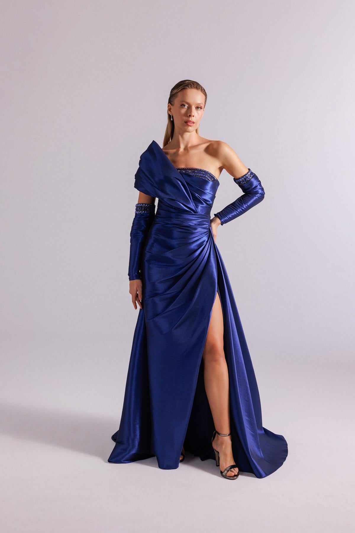 One Shoulder Draped Stone Embroidered Evening Dress with Gloves