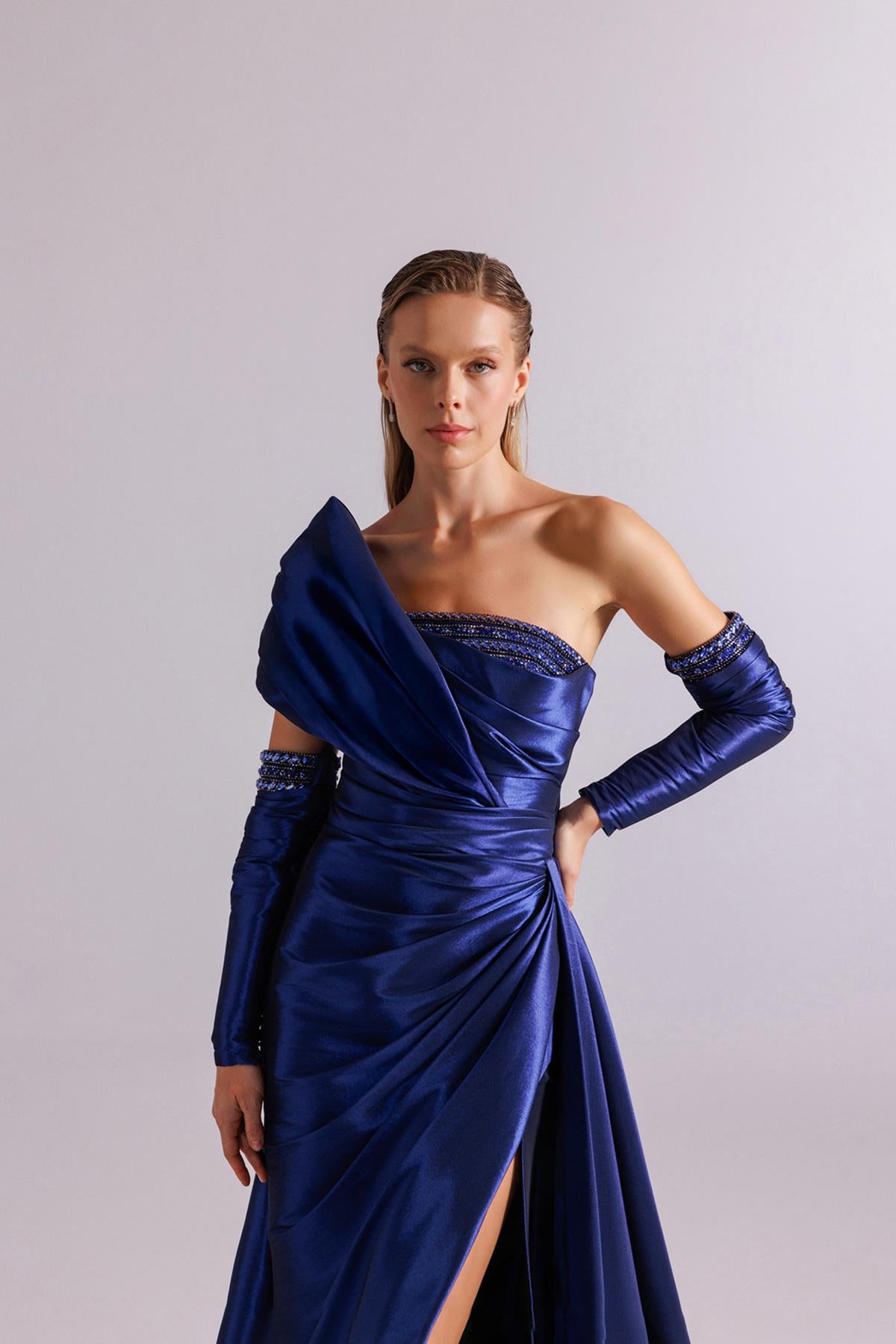 One Shoulder Draped Stone Embroidered Evening Dress with Gloves
