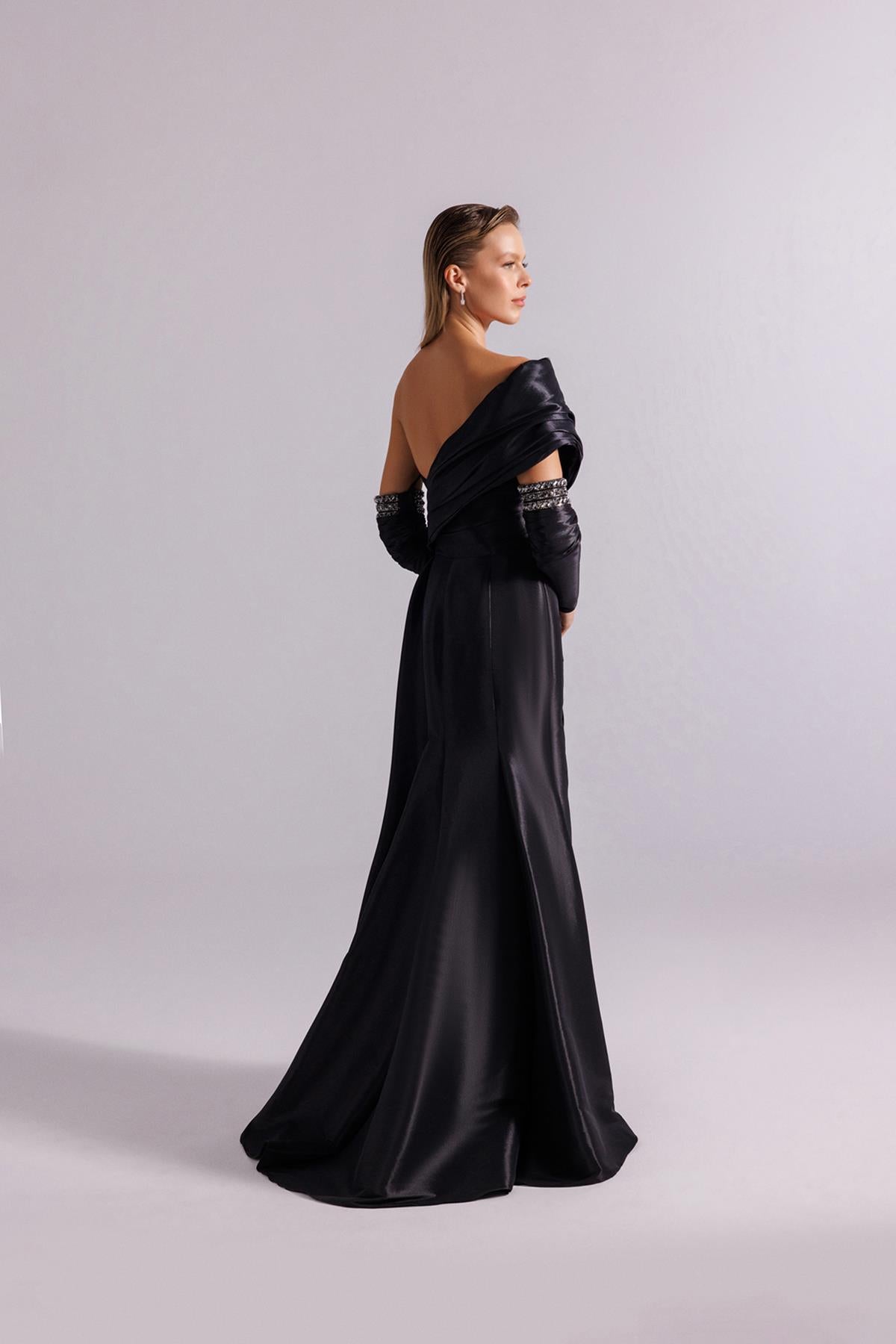One Shoulder Draped Stone Embroidered Evening Dress with Gloves
