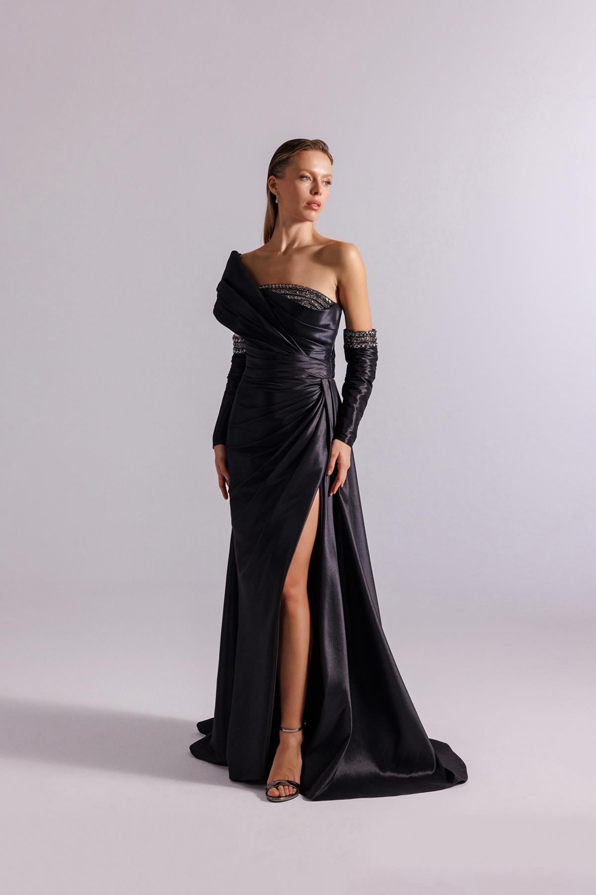 One Shoulder Draped Stone Embroidered Evening Dress with Gloves