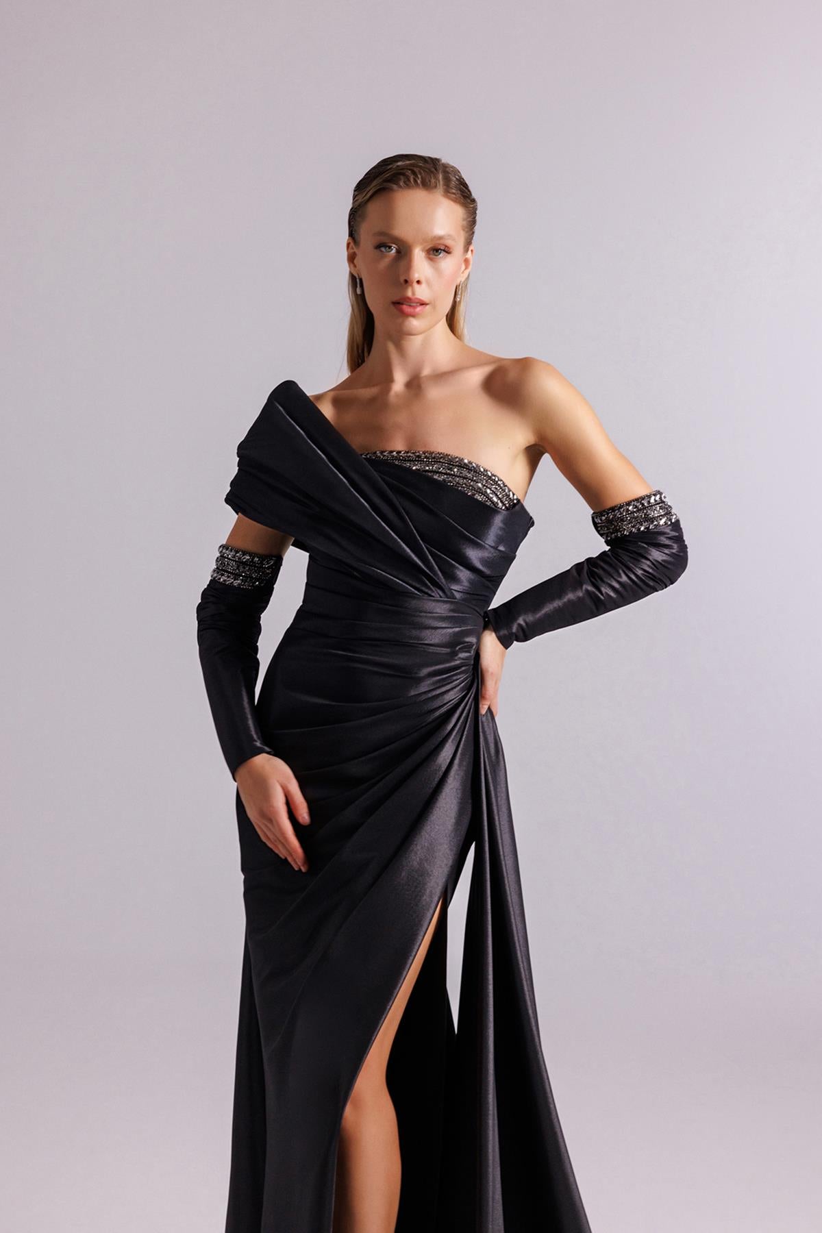 One Shoulder Draped Stone Embroidered Evening Dress with Gloves
