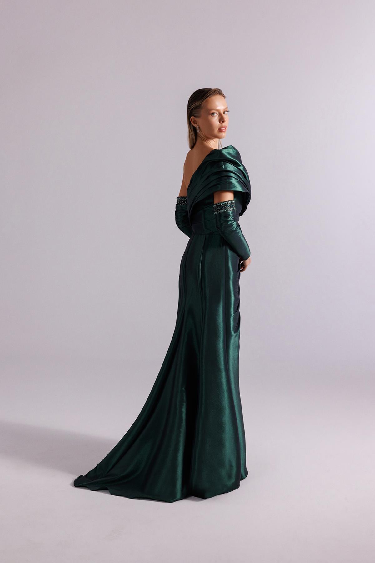One Shoulder Draped Stone Embroidered Evening Dress with Gloves