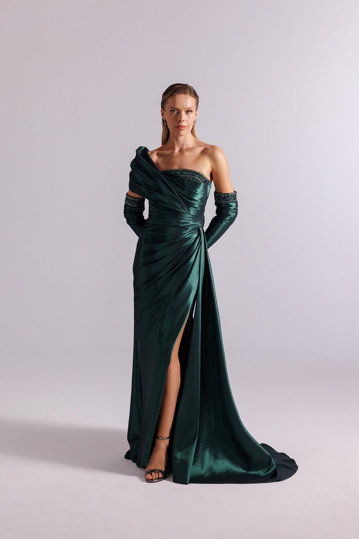 One Shoulder Draped Stone Embroidered Evening Dress with Gloves