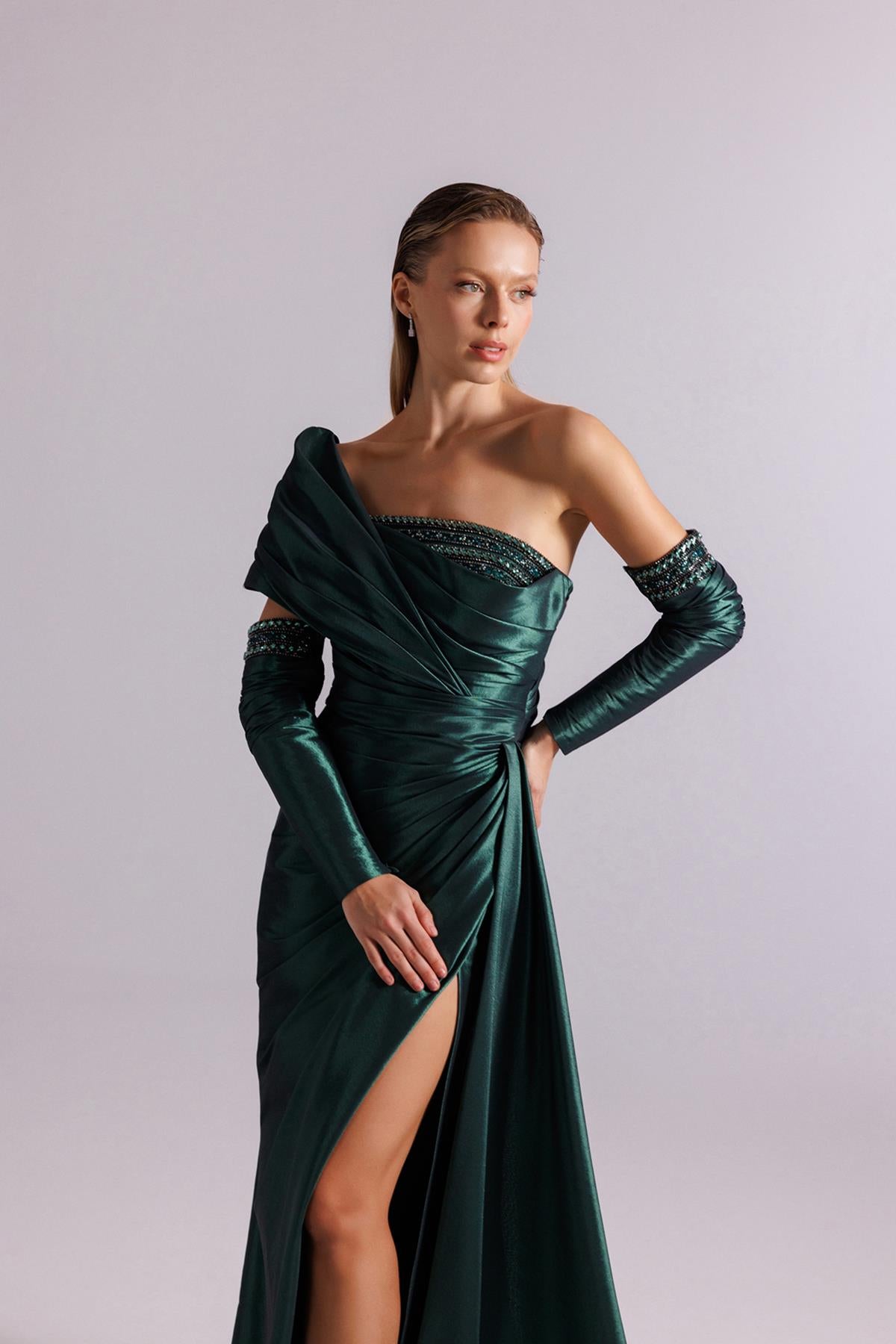 One Shoulder Draped Stone Embroidered Evening Dress with Gloves