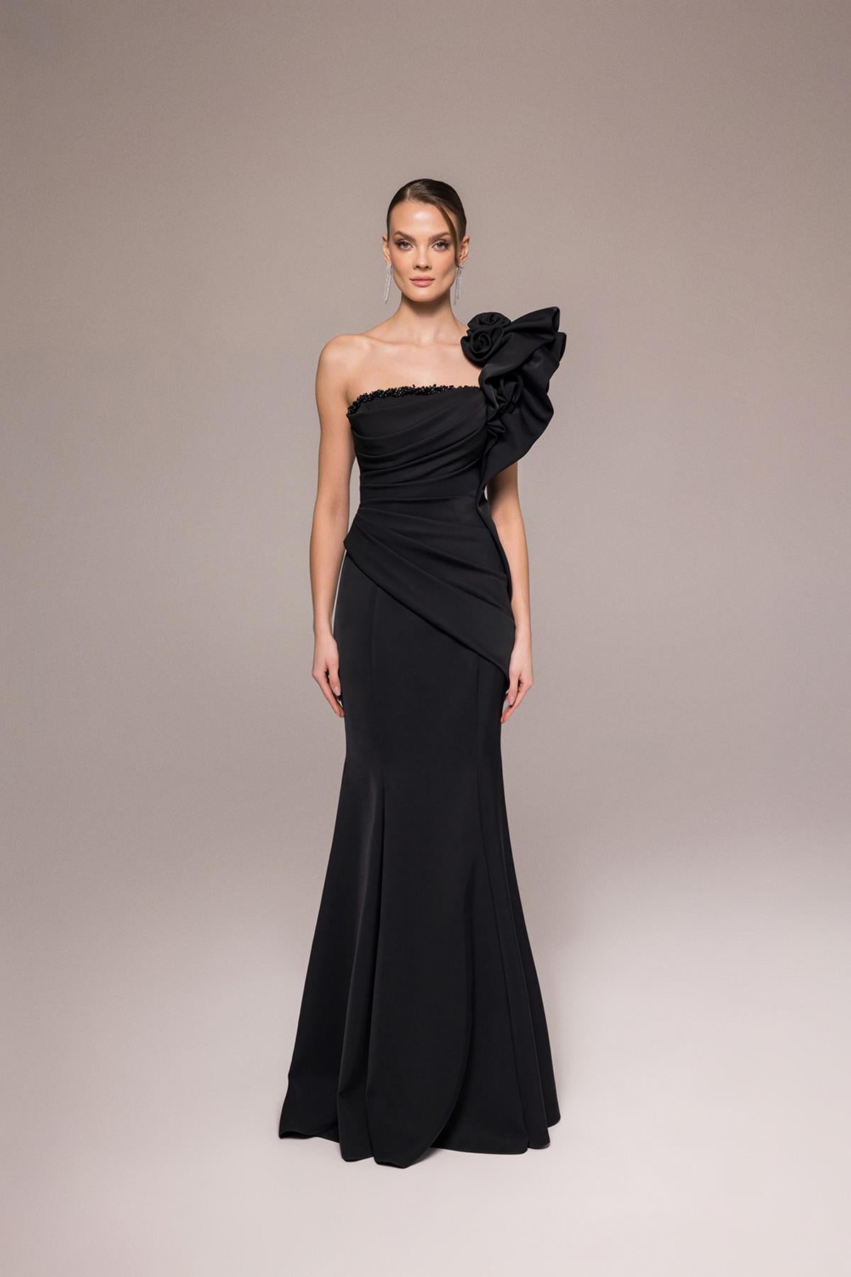 One Shoulder Embossed Rose Detailed Long Evening Dress