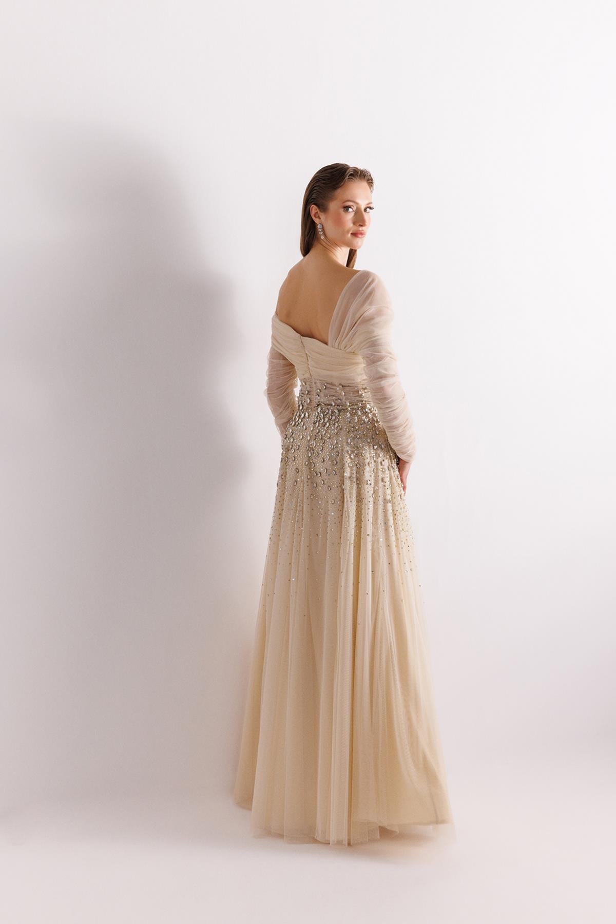 One Shoulder Tulle Sleeve Stone Embroidered Tulle Evening Dress