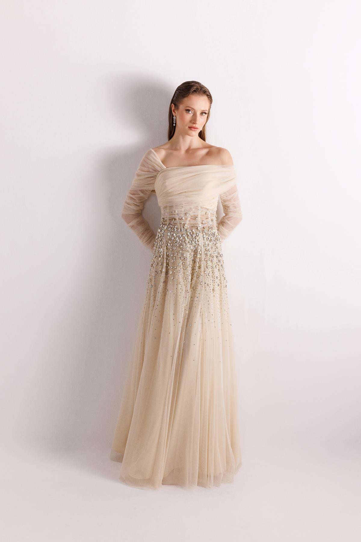 One Shoulder Tulle Sleeve Stone Embroidered Tulle Evening Dress