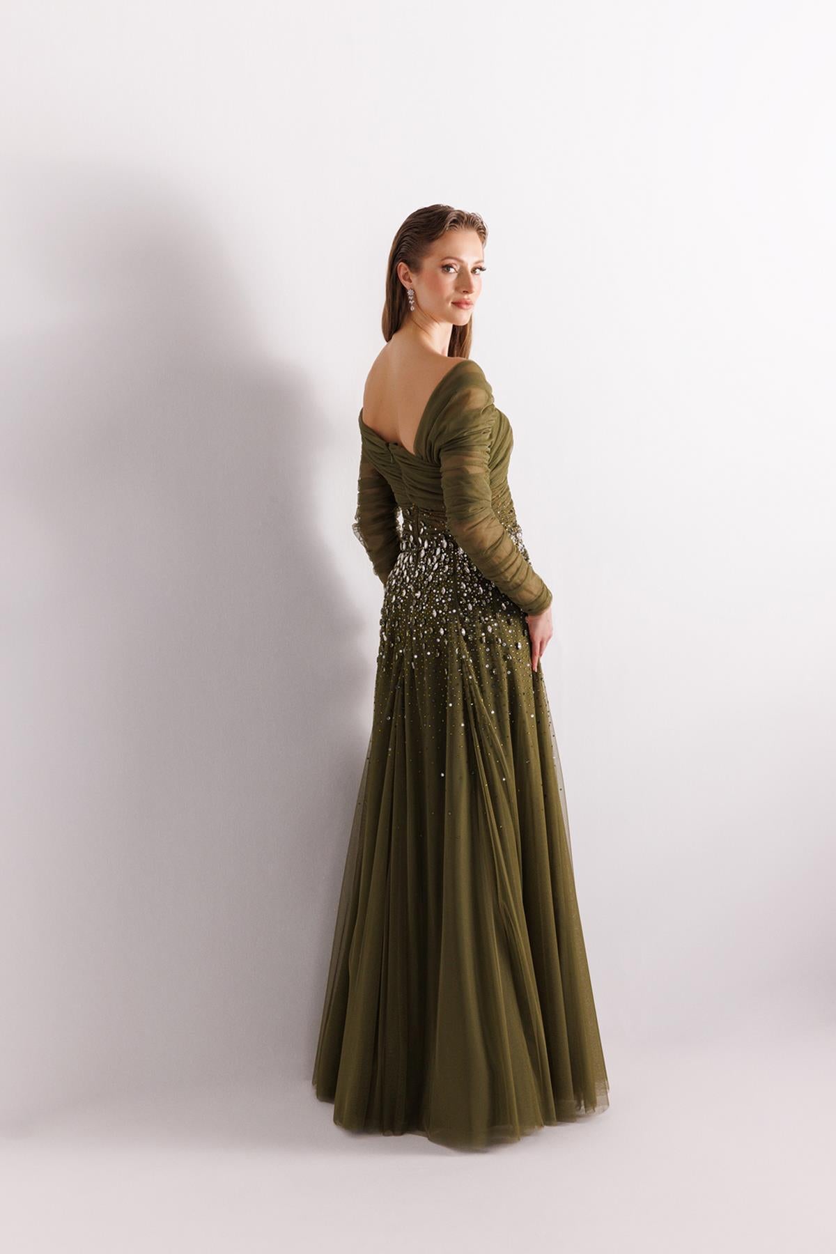 One Shoulder Tulle Sleeve Stone Embroidered Tulle Evening Dress