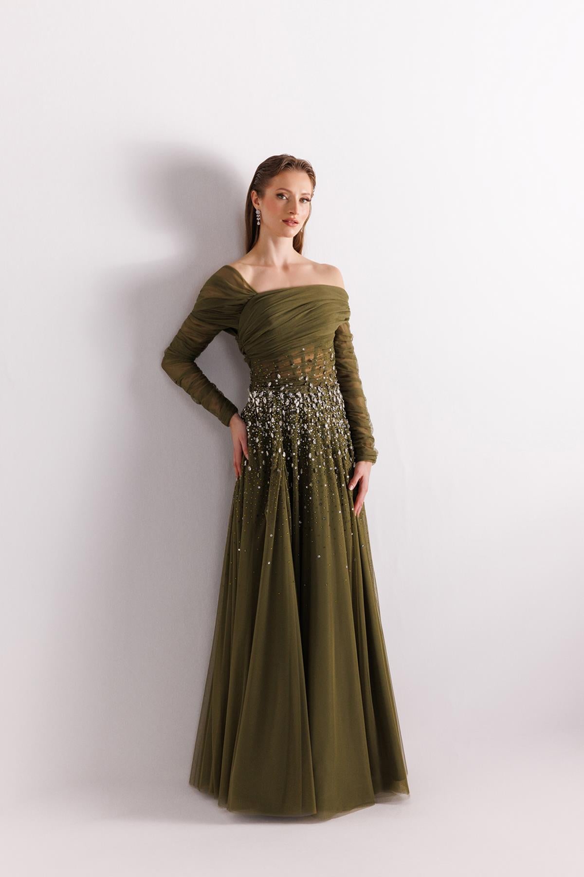 One Shoulder Tulle Sleeve Stone Embroidered Tulle Evening Dress