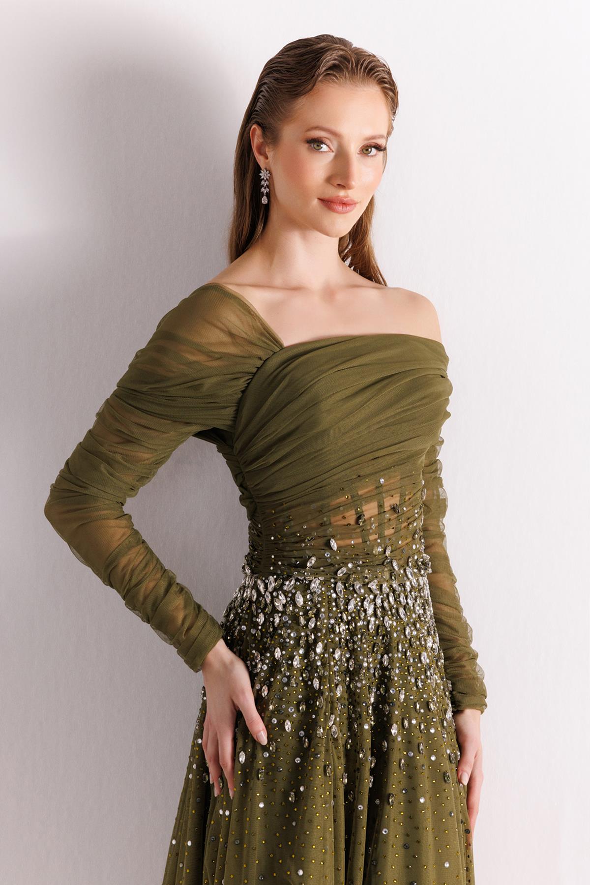 One Shoulder Tulle Sleeve Stone Embroidered Tulle Evening Dress