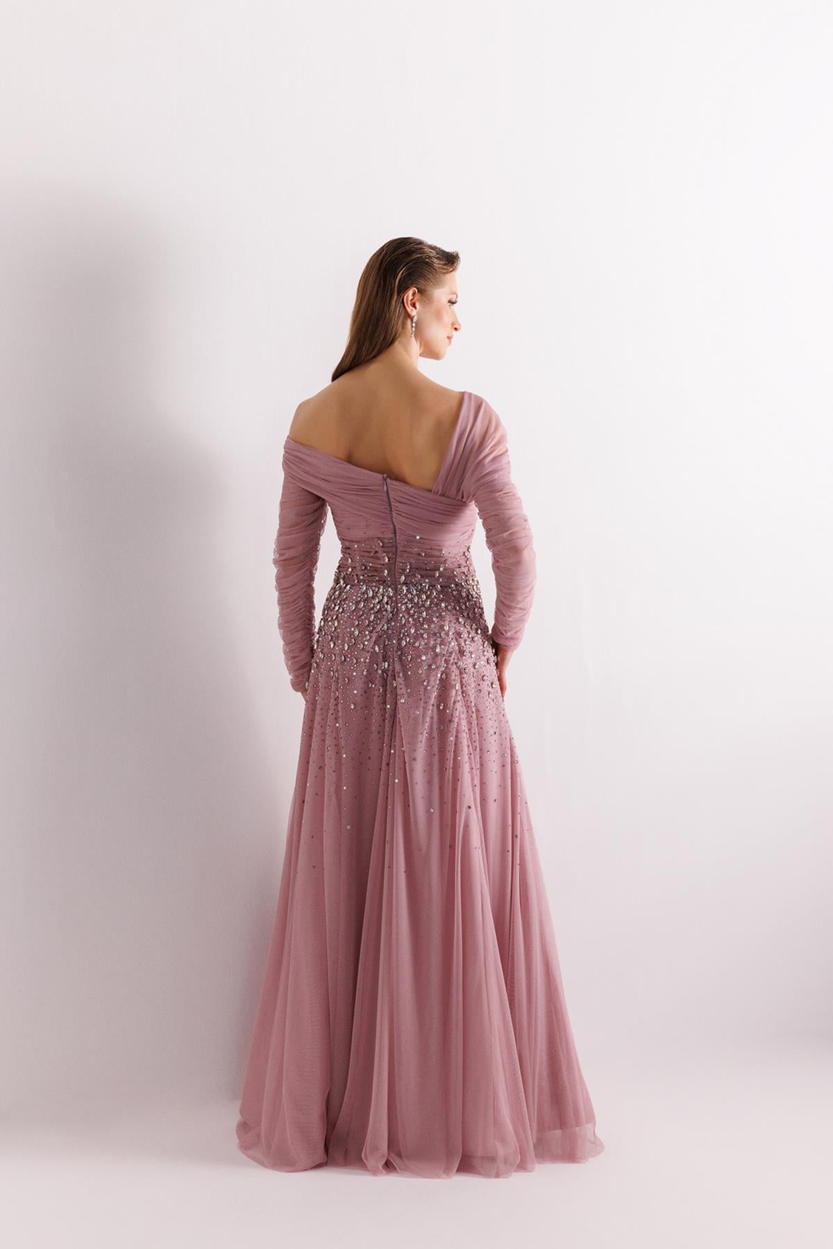 One Shoulder Tulle Sleeve Stone Embroidered Tulle Evening Dress
