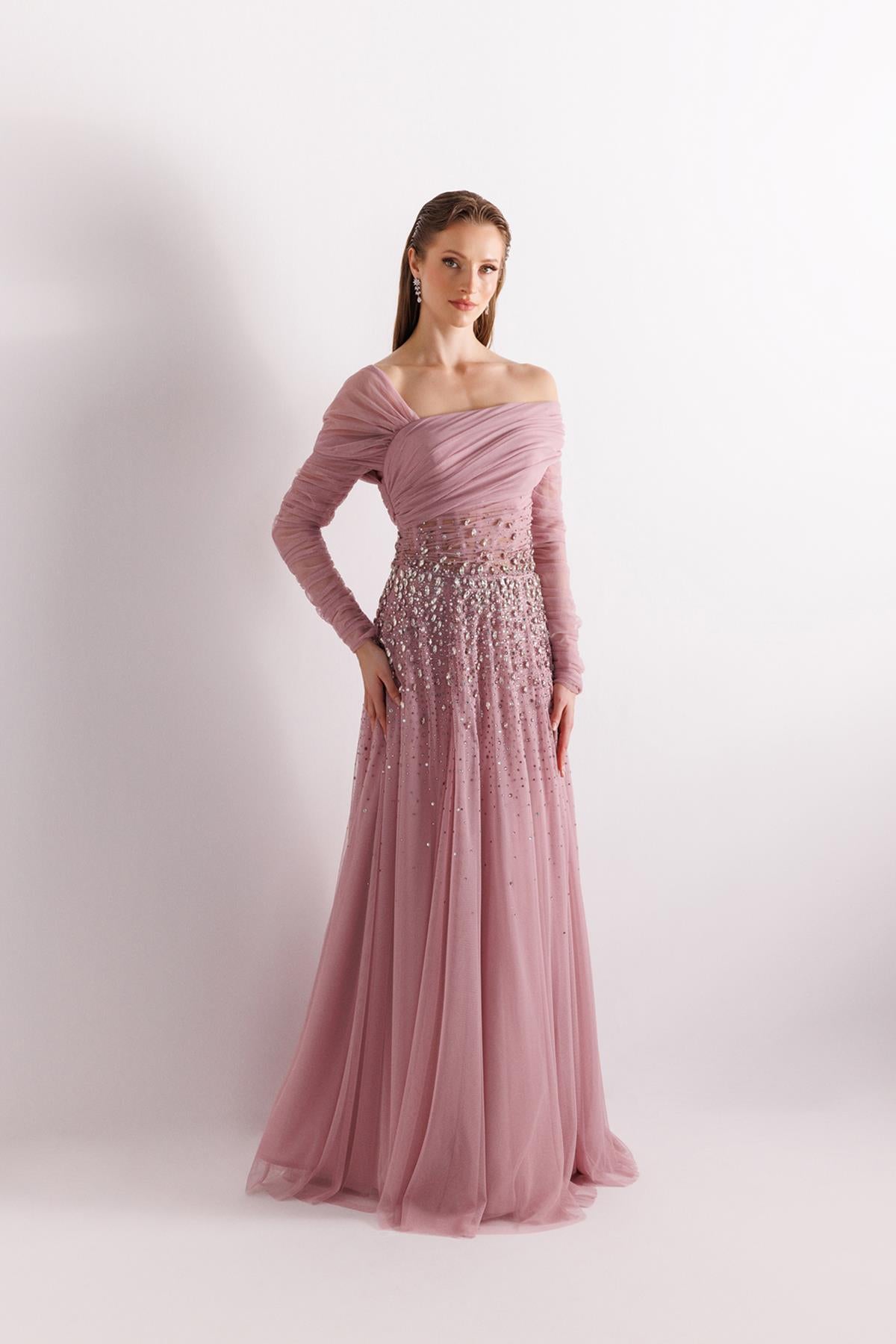 One Shoulder Tulle Sleeve Stone Embroidered Tulle Evening Dress