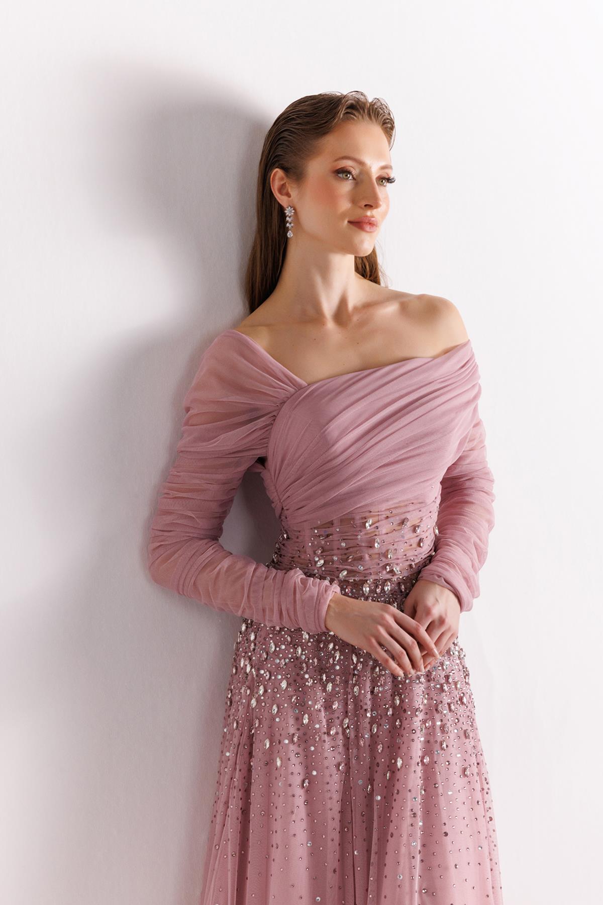 One Shoulder Tulle Sleeve Stone Embroidered Tulle Evening Dress