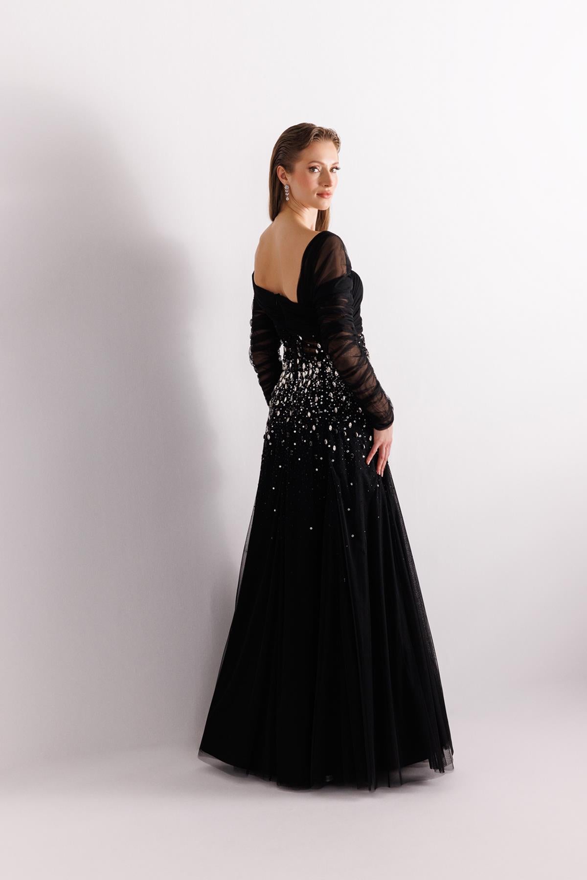 One Shoulder Tulle Sleeve Stone Embroidered Tulle Evening Dress
