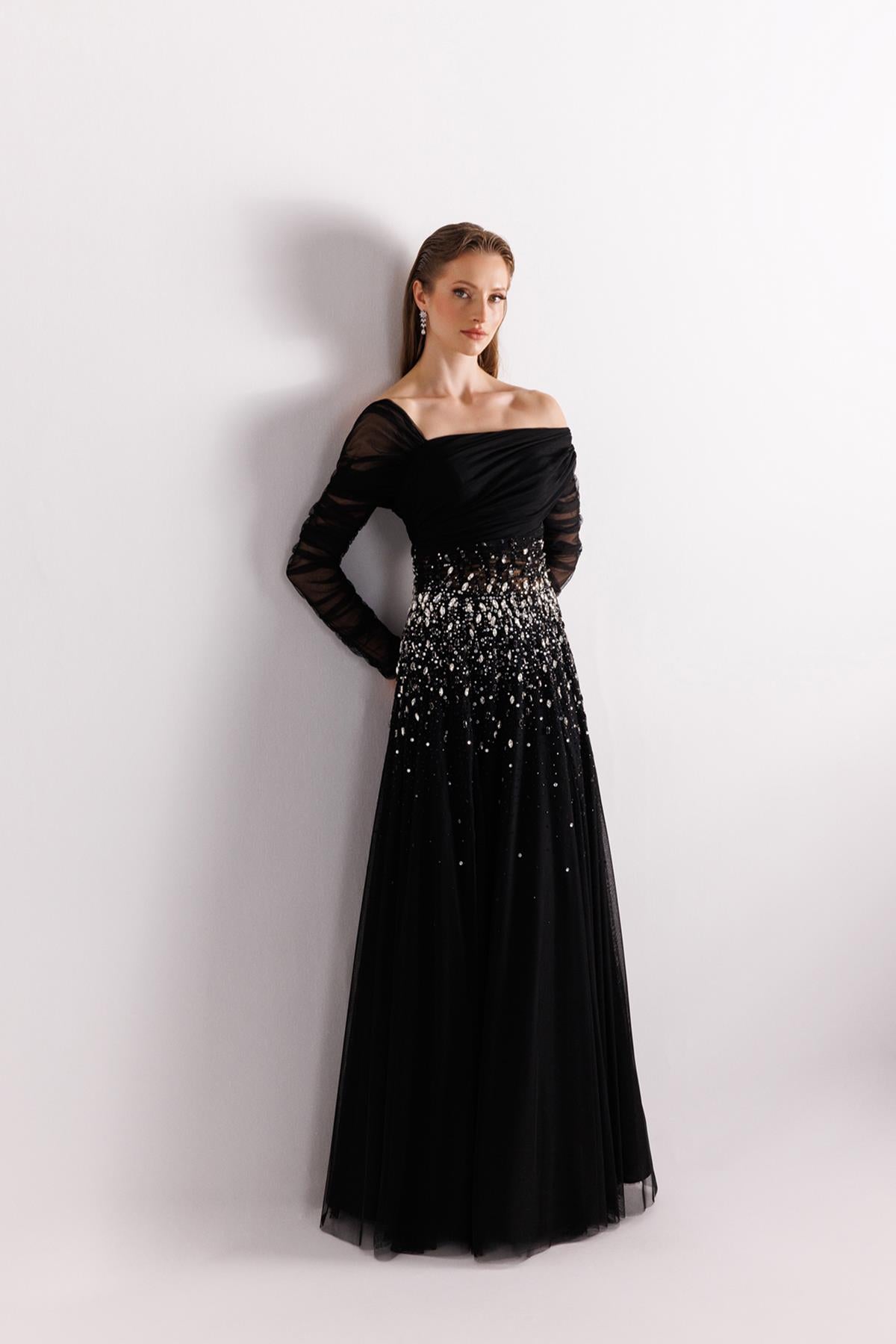 Tek Omuz Tül Kollu Taş İşlemeli Tül Abiye Elbise