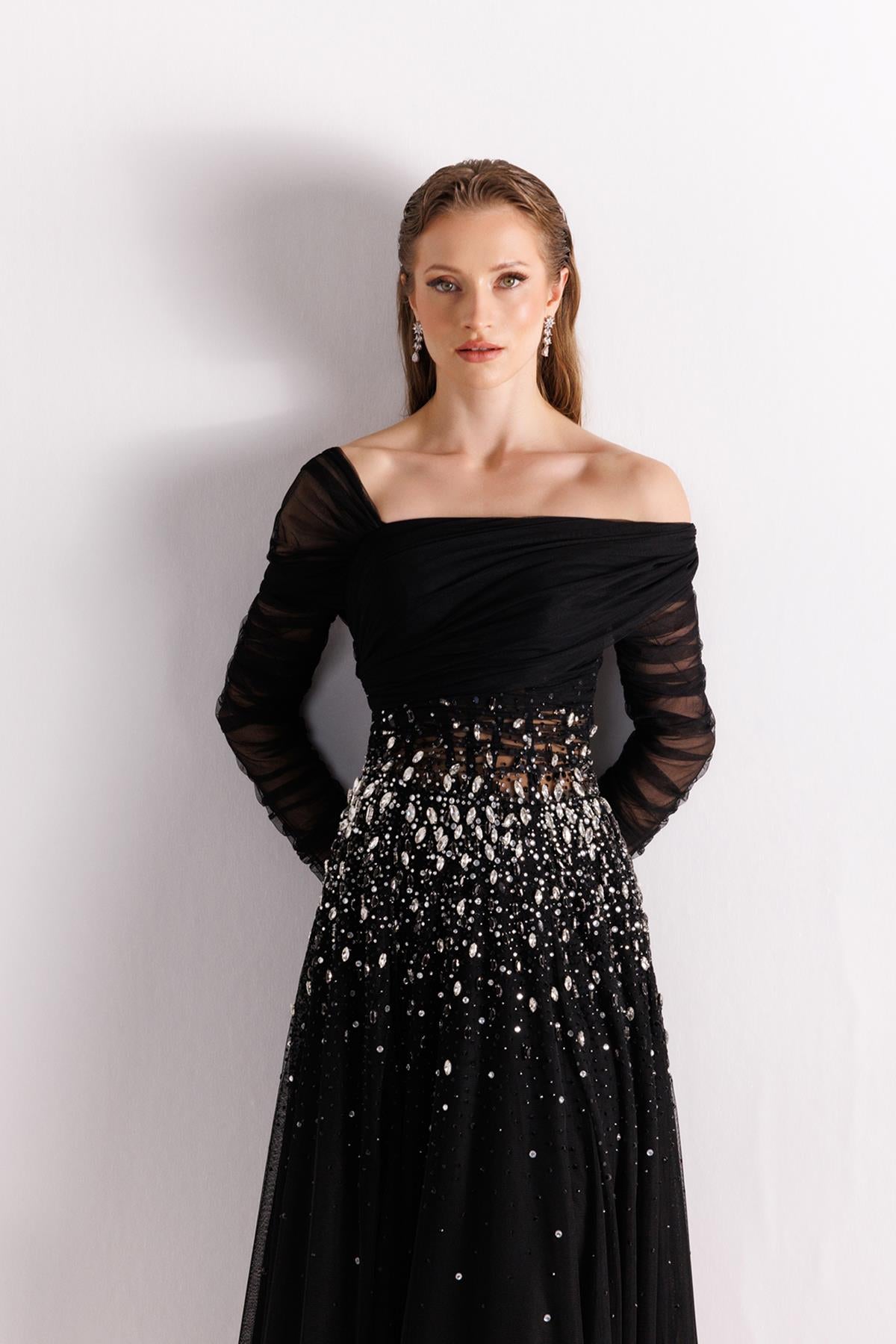 Tek Omuz Tül Kollu Taş İşlemeli Tül Abiye Elbise