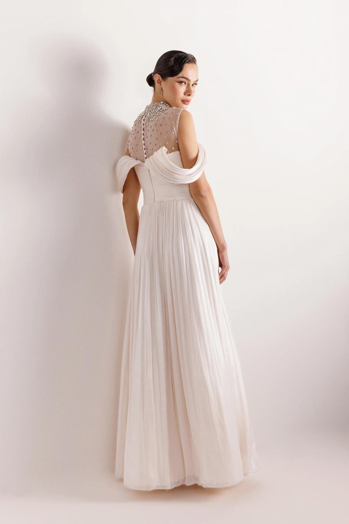 Strapless Look Pleated Puffy Dress