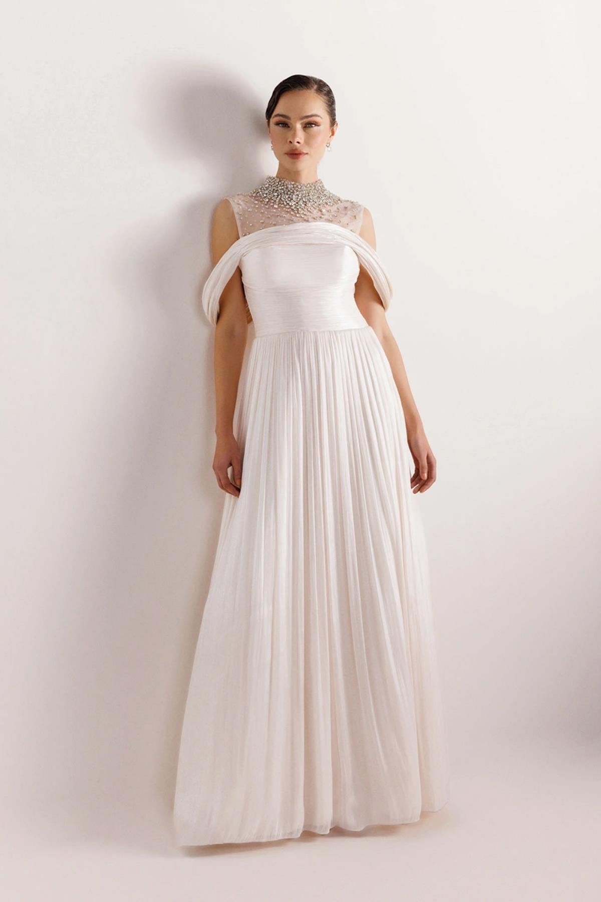 Strapless Look Pleated Puffy Dress