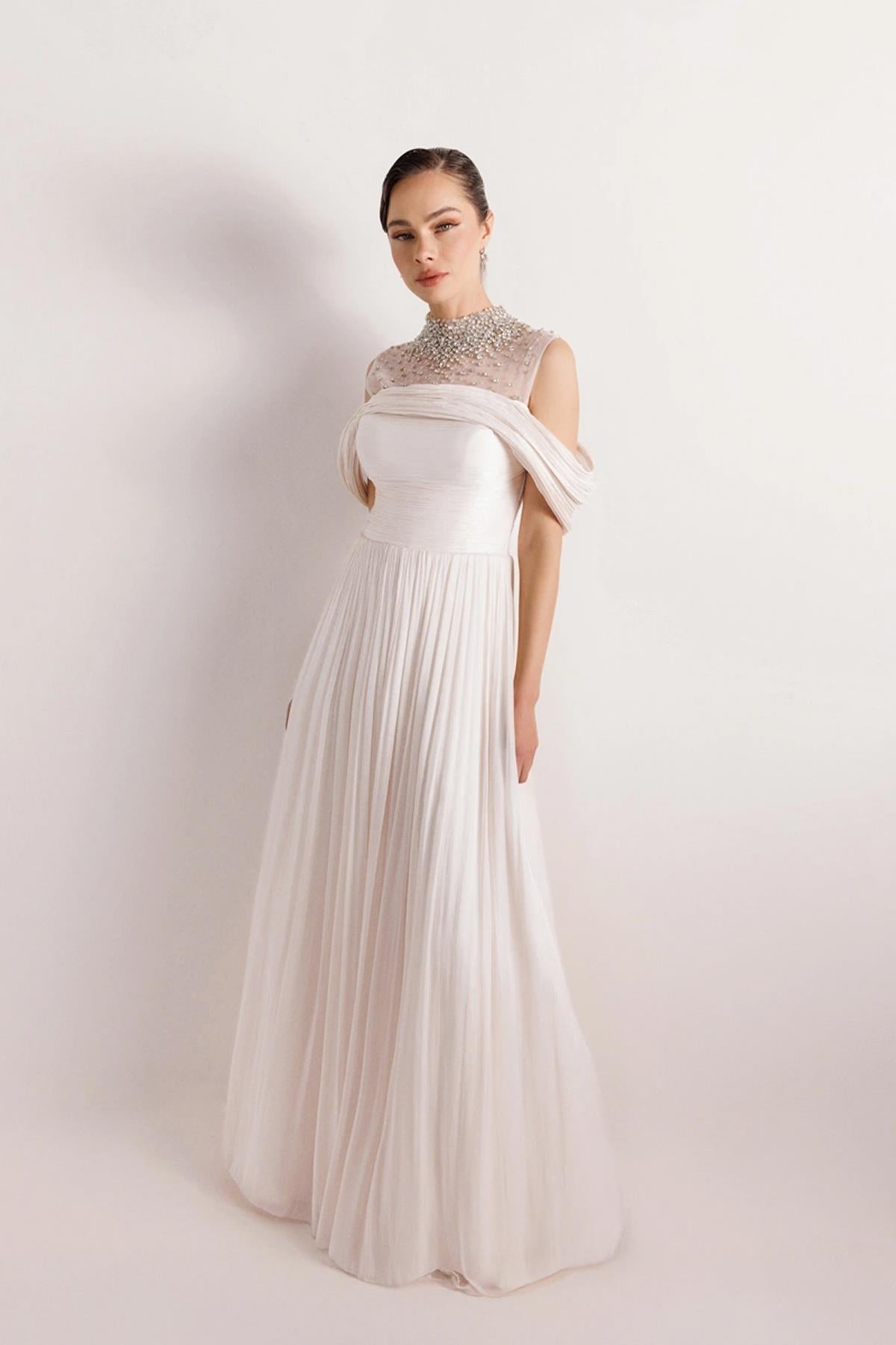 Strapless Look Pleated Puffy Dress