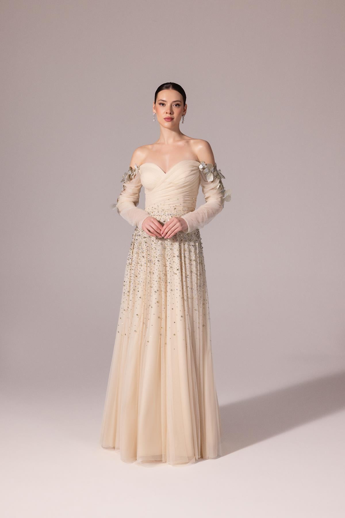 Sparkly Stone Embroidered Off-Shoulder Evening Dress