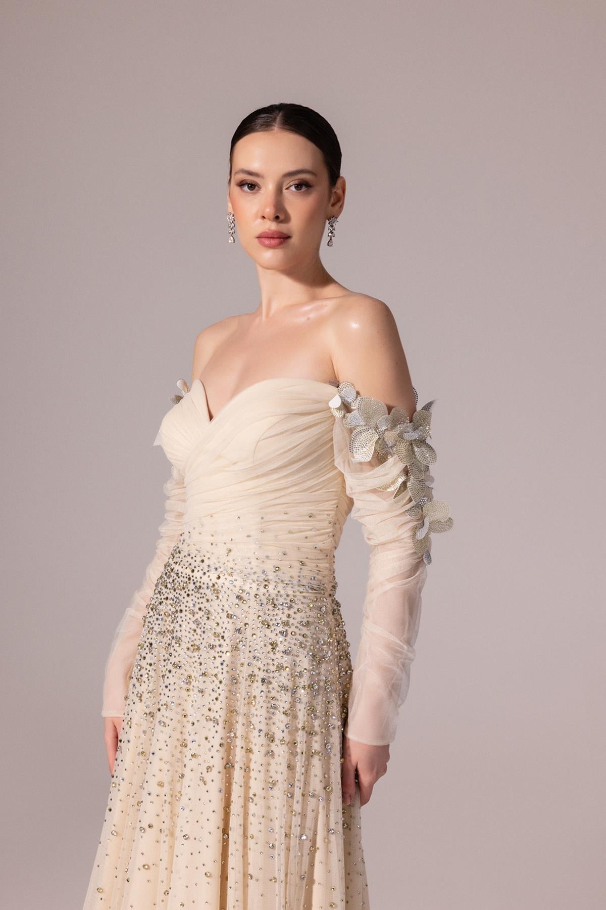Sparkly Stone Embroidered Off-Shoulder Evening Dress