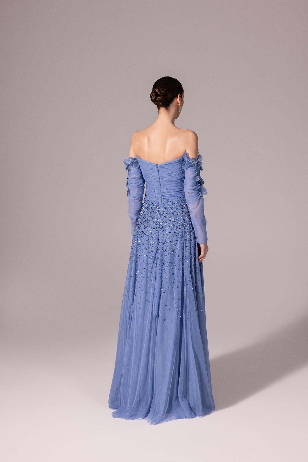 Sparkly Stone Embroidered Off-Shoulder Evening Dress