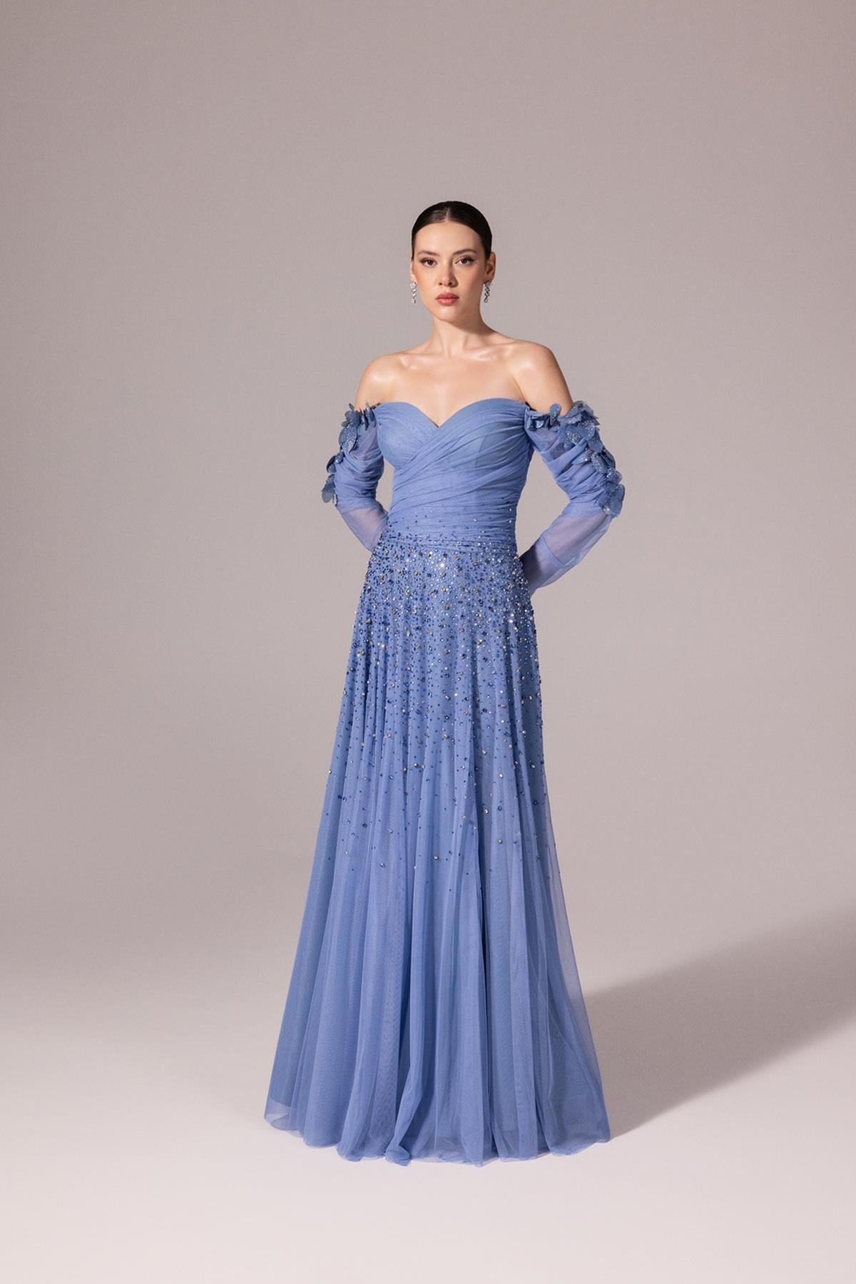 Sparkly Stone Embroidered Off-Shoulder Evening Dress