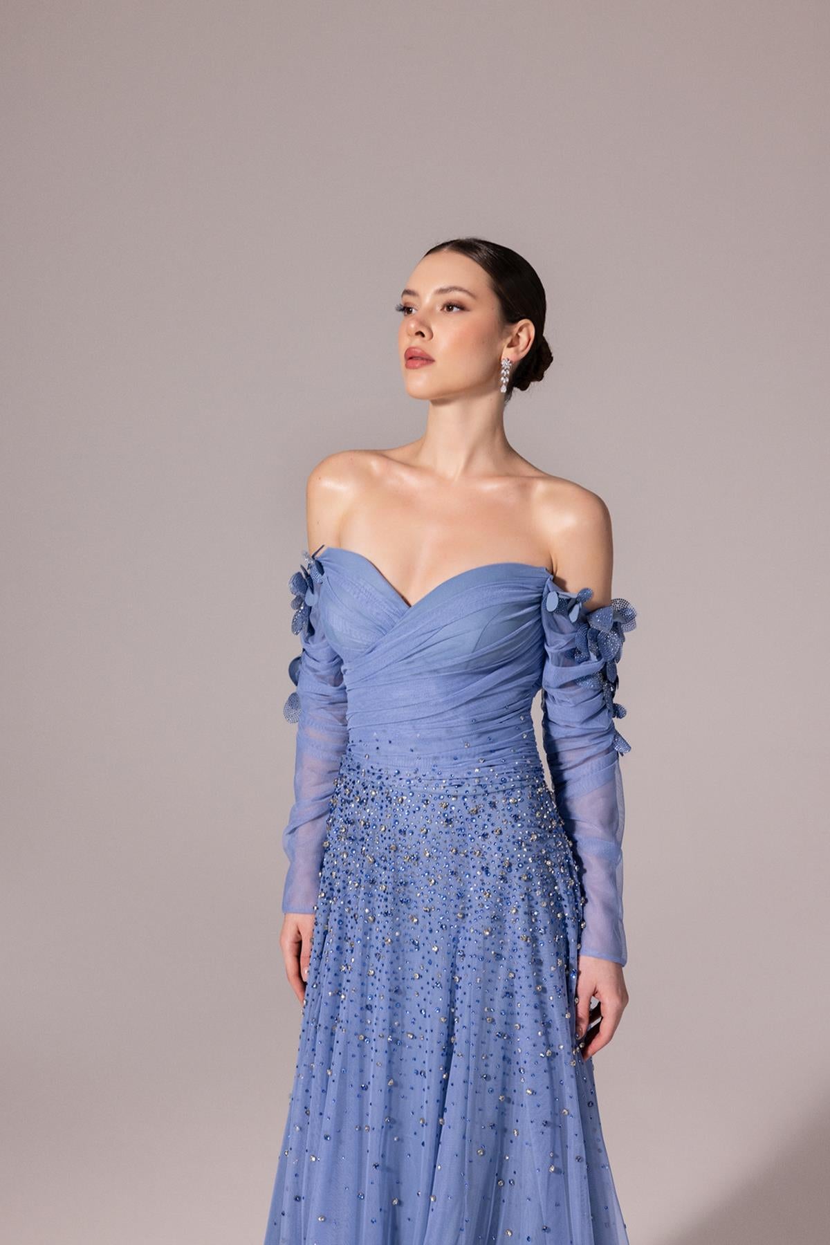Sparkly Stone Embroidered Off-Shoulder Evening Dress