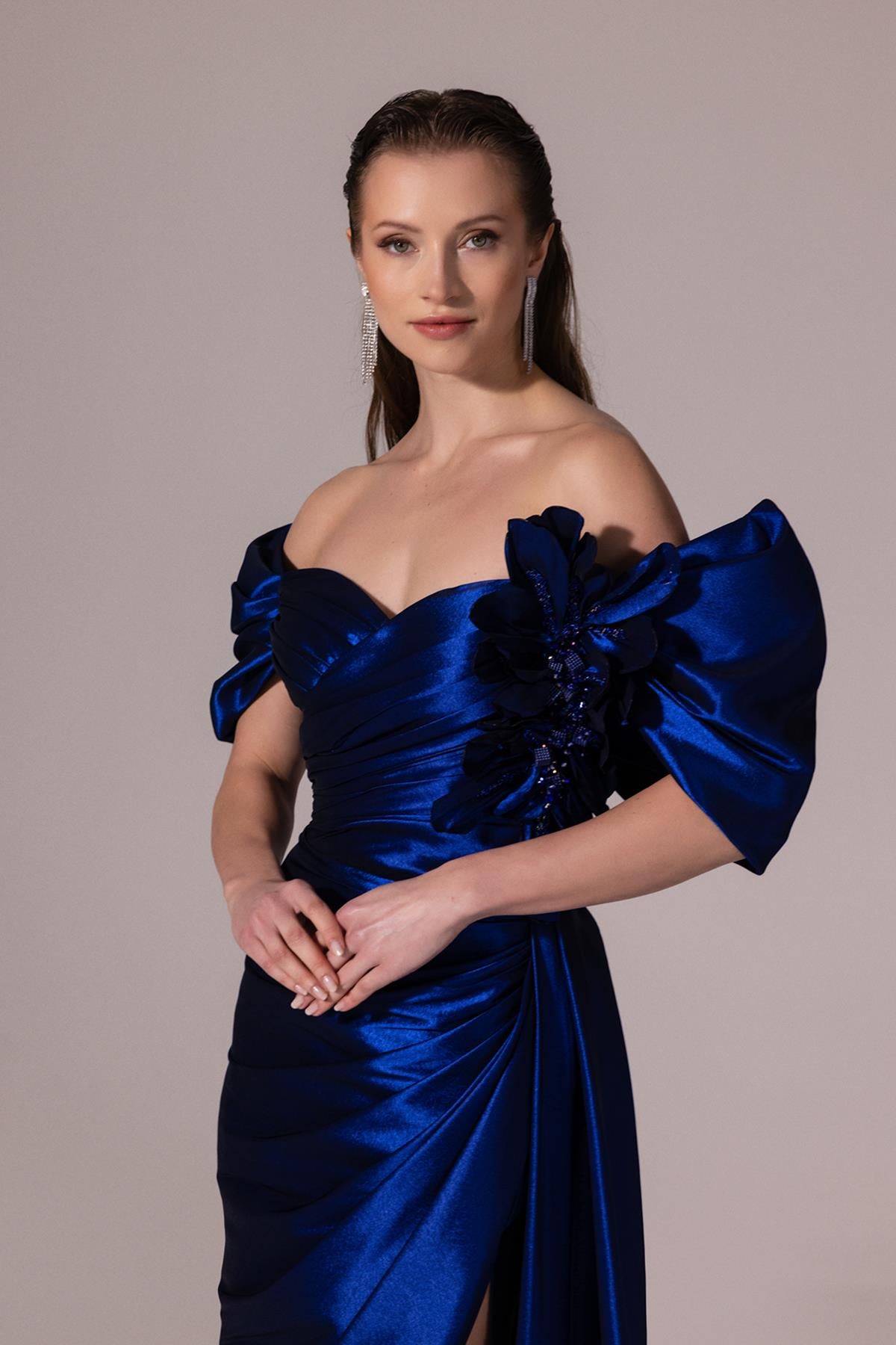 Low Sleeve Flower Detailed Taffeta Evening Dress