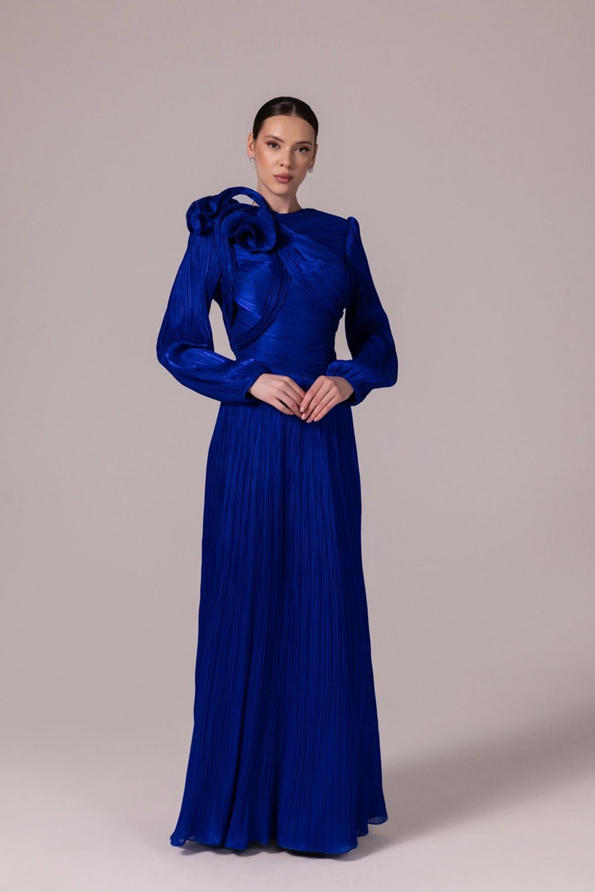 Long Sleeve Pleated Hijab Evening Dress with Asymmetrical Detail on Top