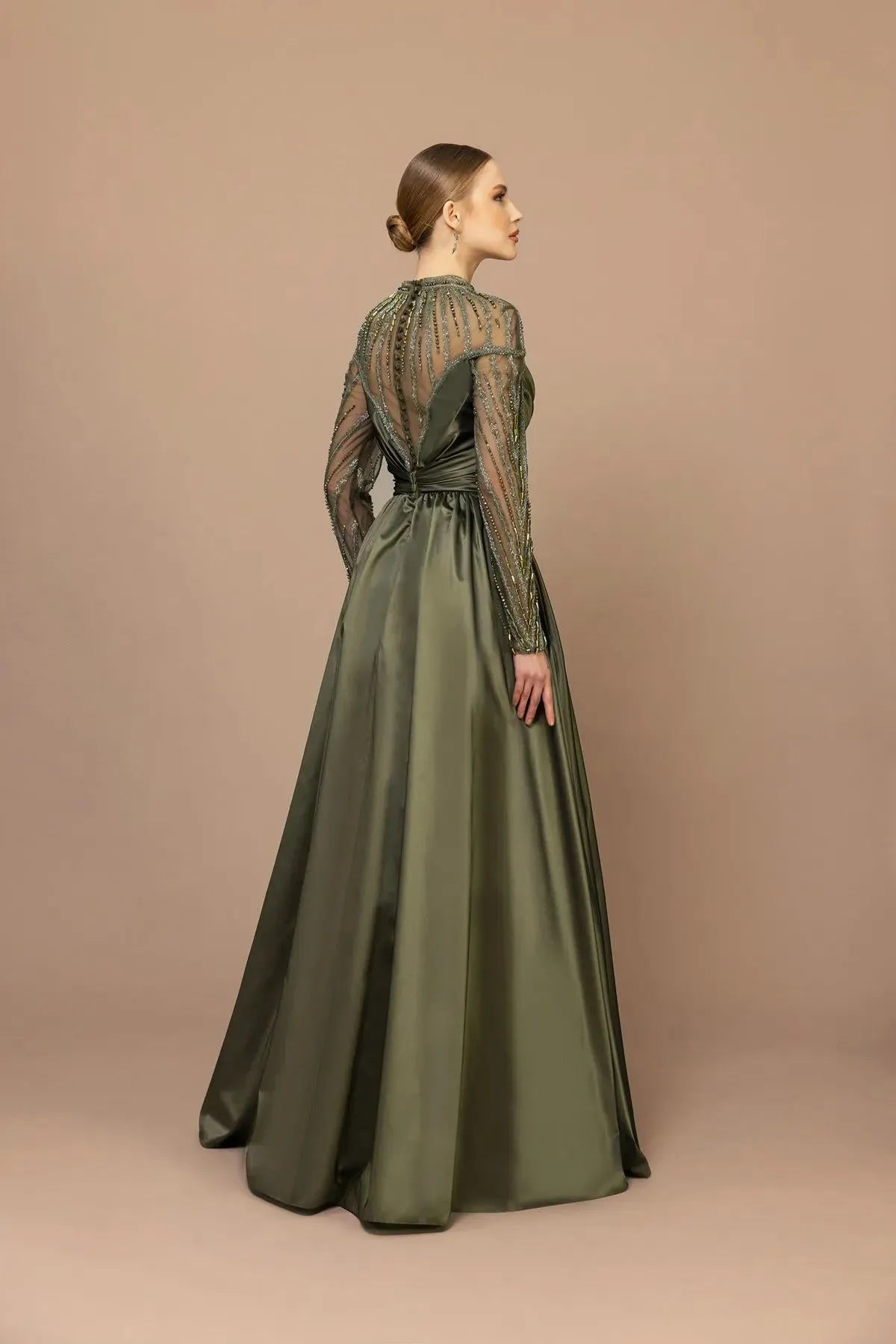 Draped Shoulder Sleeve Beaded Puffy Long Evening Dress