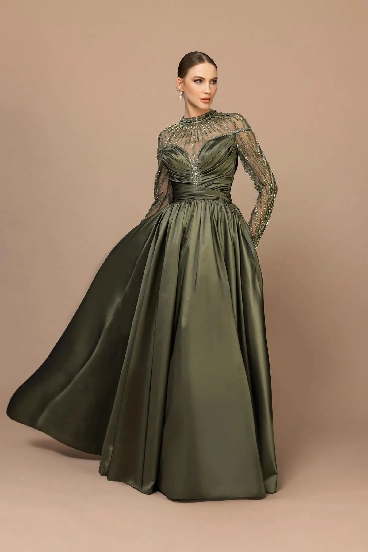 Draped Shoulder Sleeve Beaded Puffy Long Evening Dress