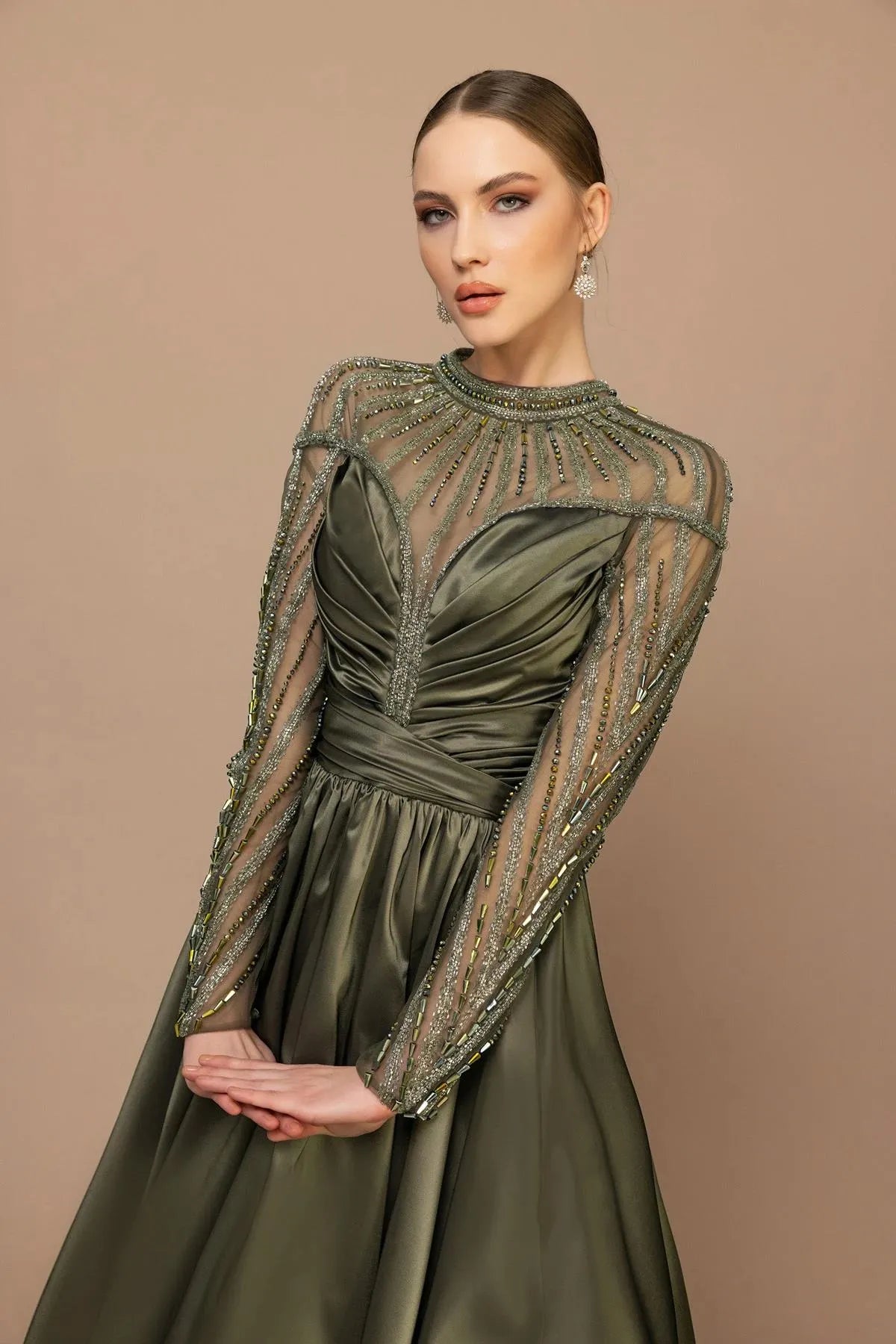 Draped Shoulder Sleeve Beaded Puffy Long Evening Dress