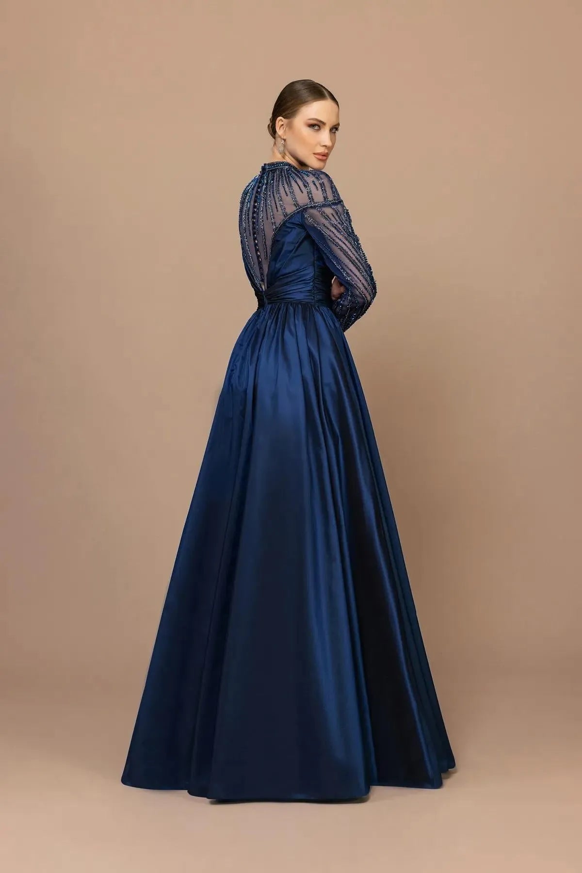 Draped Shoulder Sleeve Beaded Puffy Long Evening Dress