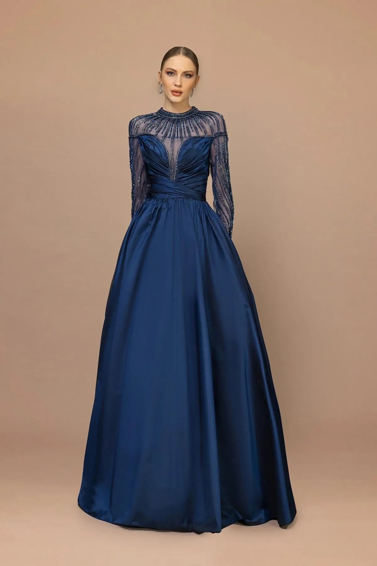Draped Shoulder Sleeve Beaded Puffy Long Evening Dress