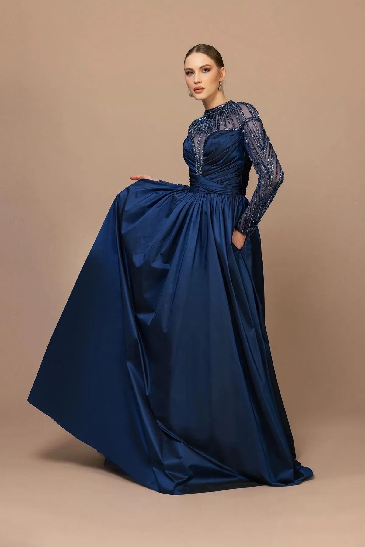 Draped Shoulder Sleeve Beaded Puffy Long Evening Dress