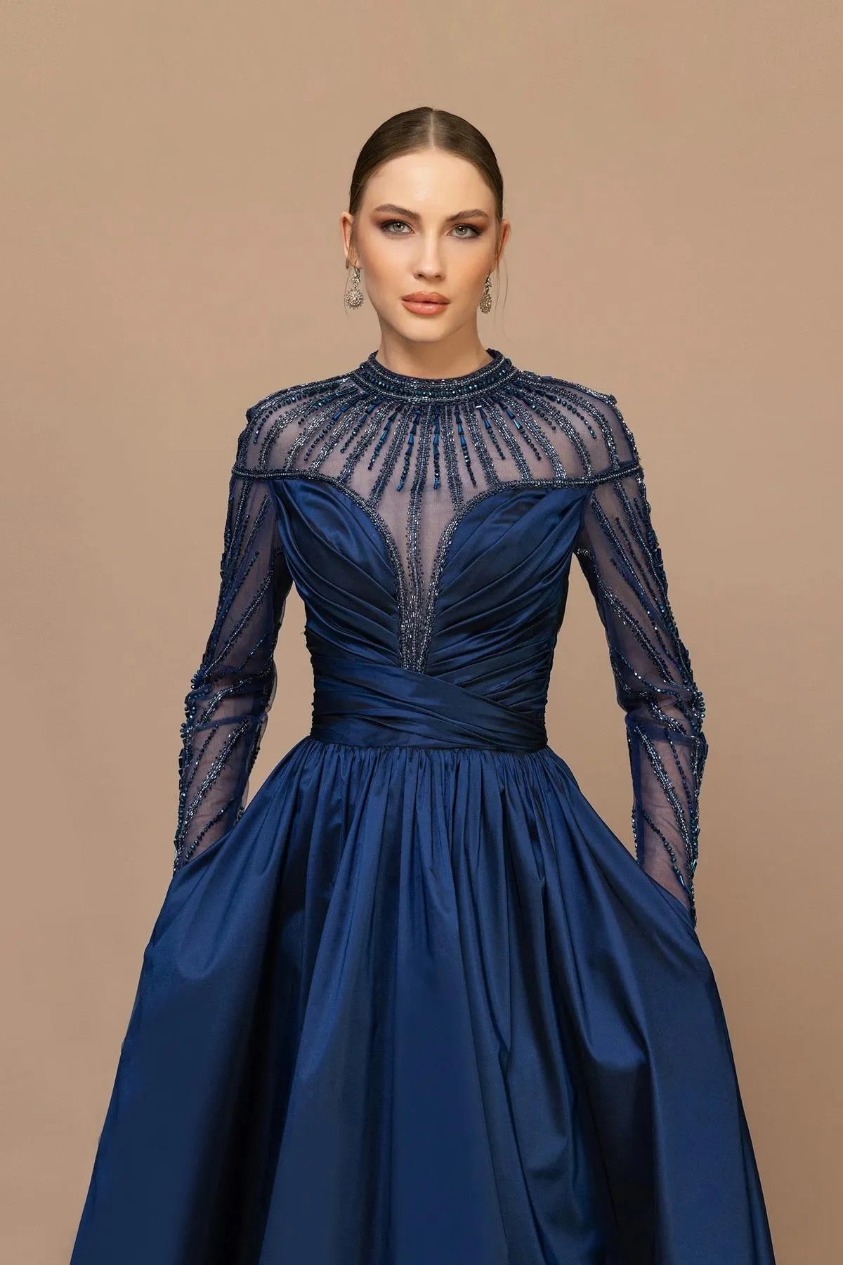 Draped Shoulder Sleeve Beaded Puffy Long Evening Dress