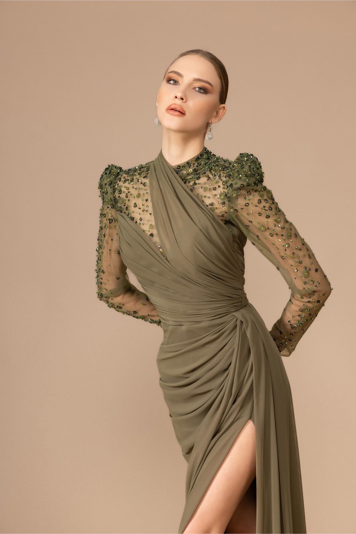Long Evening Dress with Stone Embroidered Shoulders and Sleeves and Slits