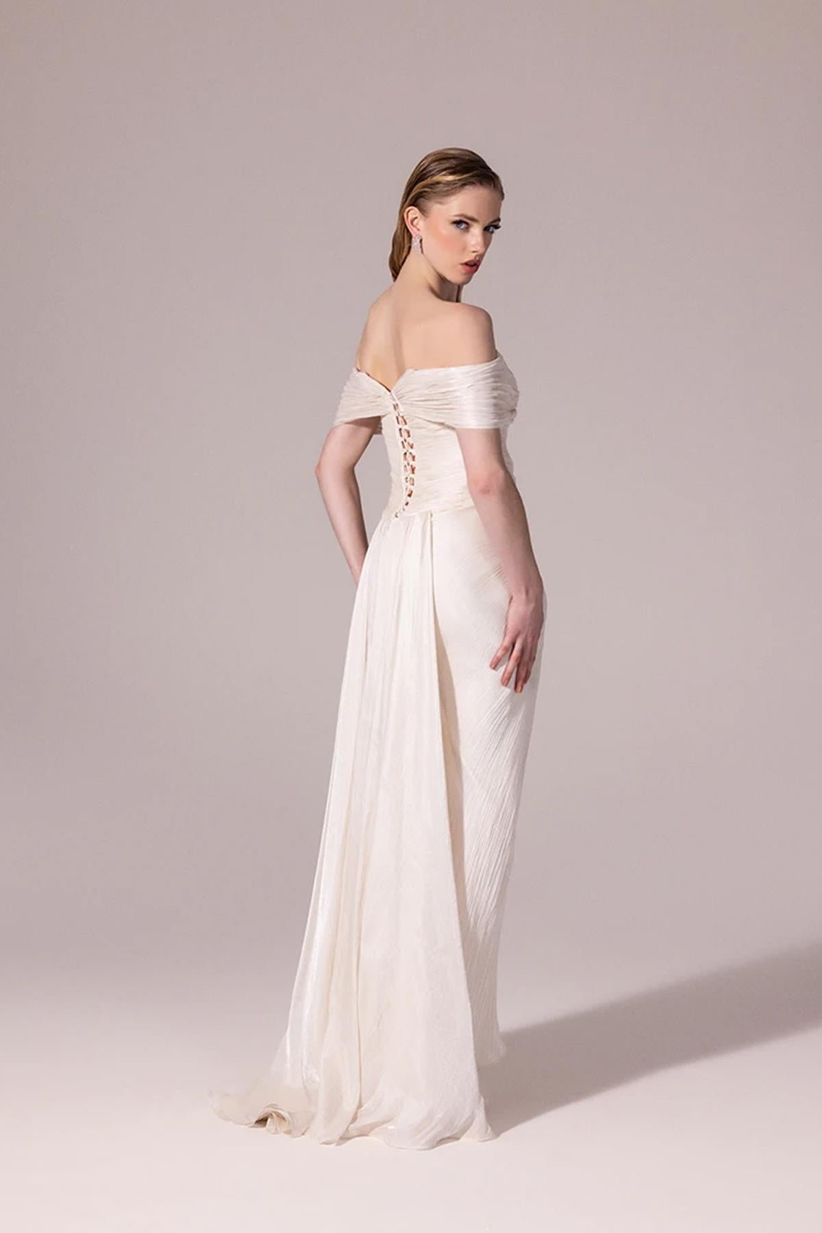 Embroidered Front Off Shoulder Crepe Long Evening Dress