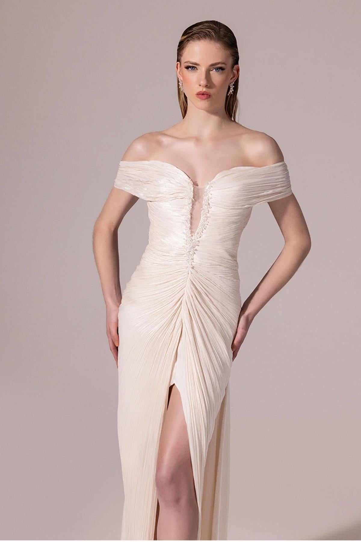 Embroidered Front Off Shoulder Crepe Long Evening Dress