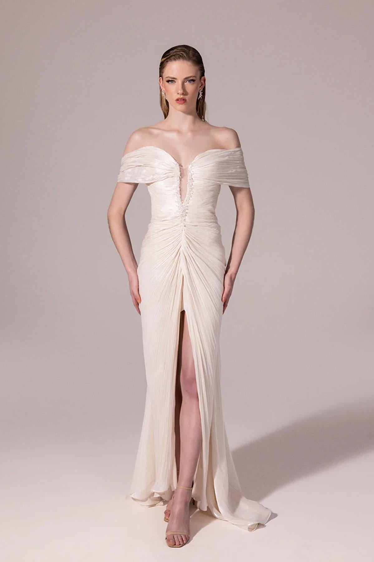 Embroidered Front Off Shoulder Crepe Long Evening Dress