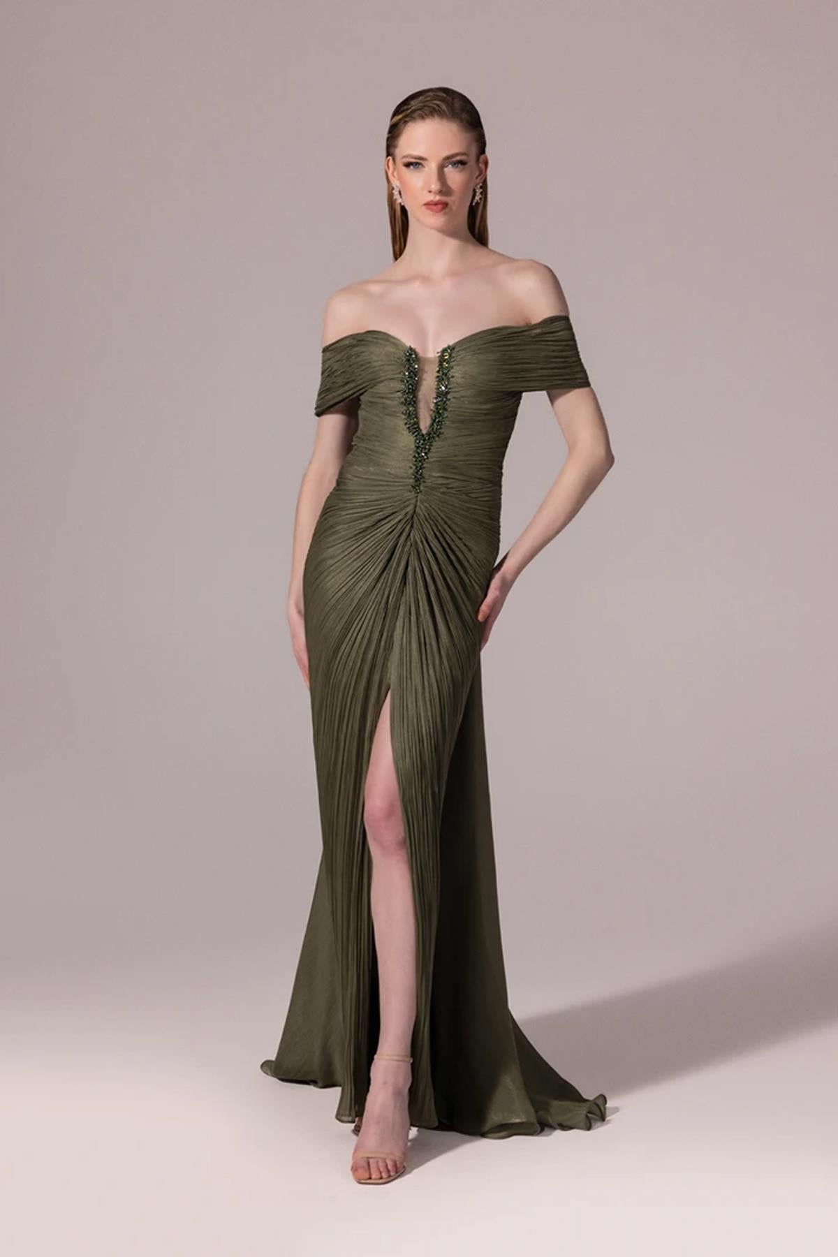 Embroidered Front Off Shoulder Crepe Long Evening Dress