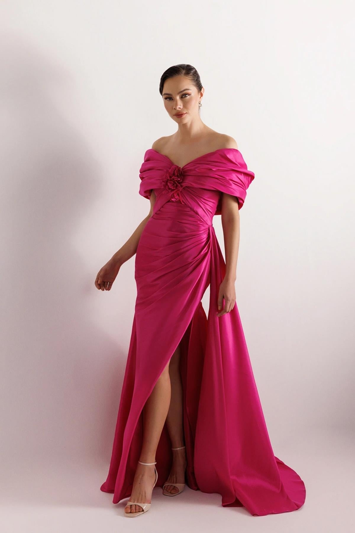 Front Draped Floral Detailed Off Shoulder Slit Evening Dress